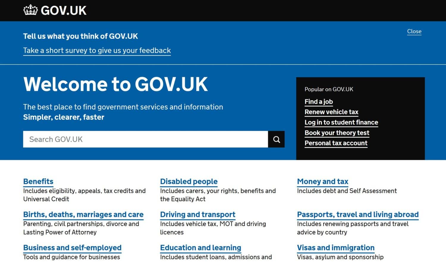 A screenshot of the gov.uk homepage