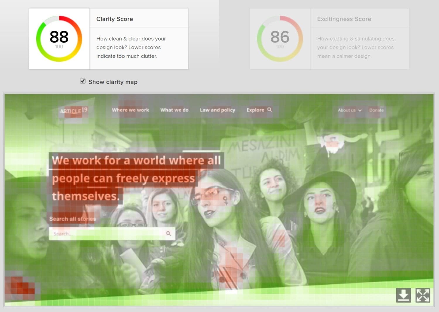 Screenshot of an eyequant analysis highlighting visual clutter on a website