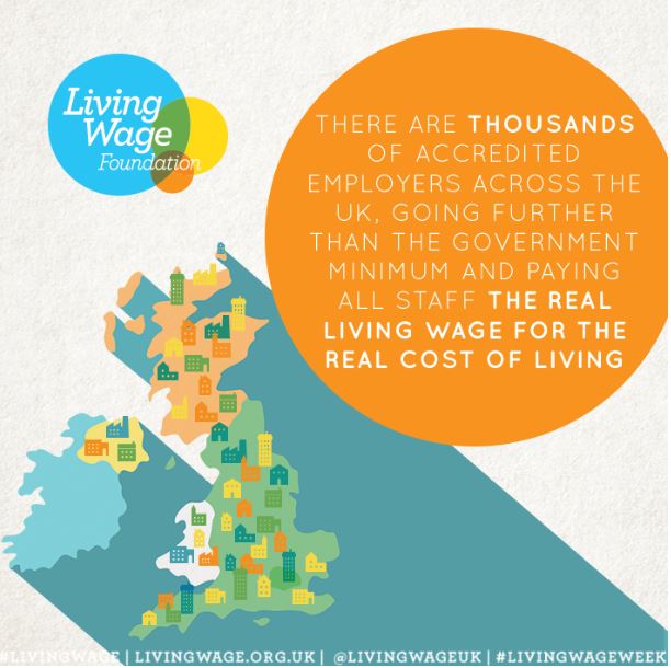Image of a map of the UK, with dots representing the 5,500 accredited Living Wage employers