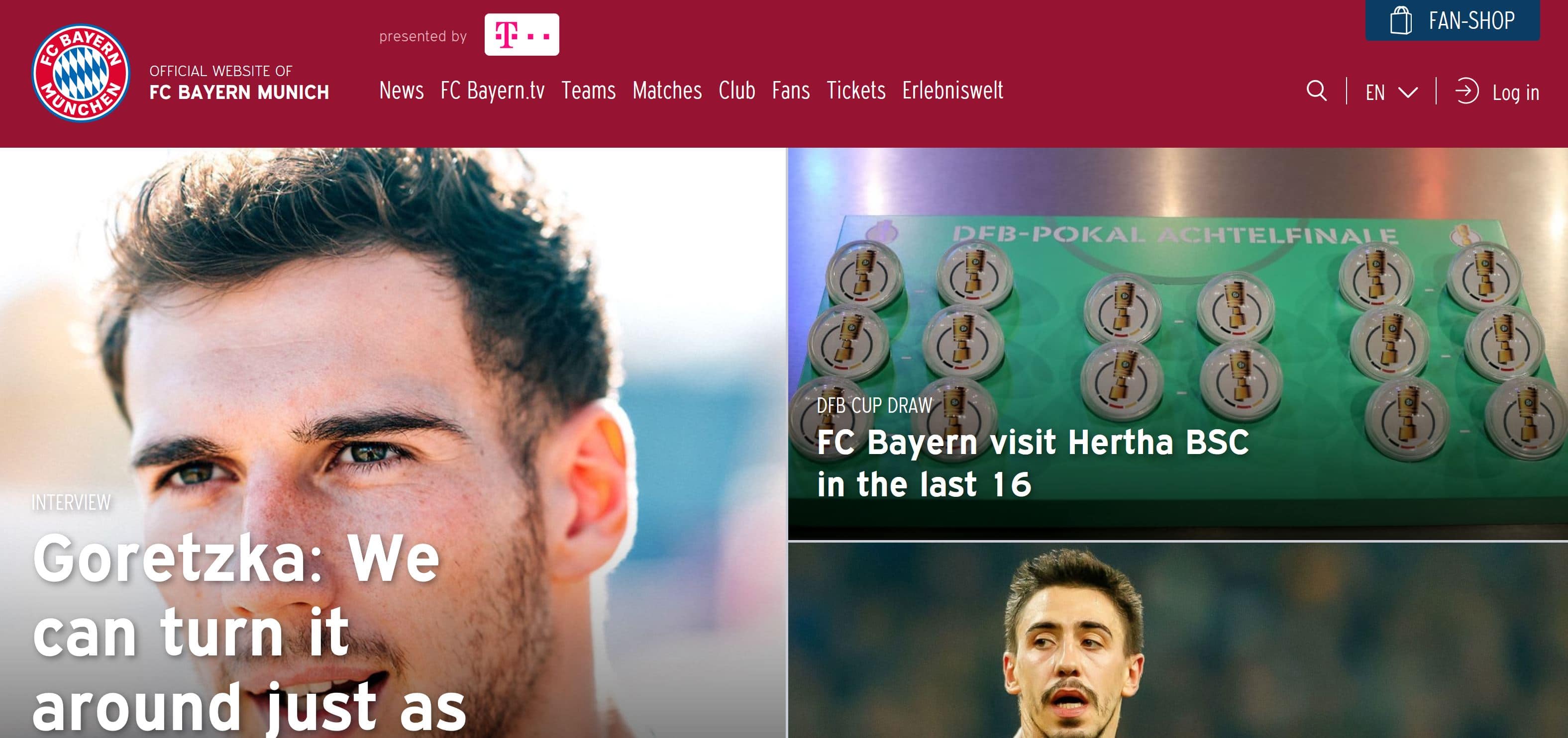 Screenshot of the FC Bayern standard homepage
