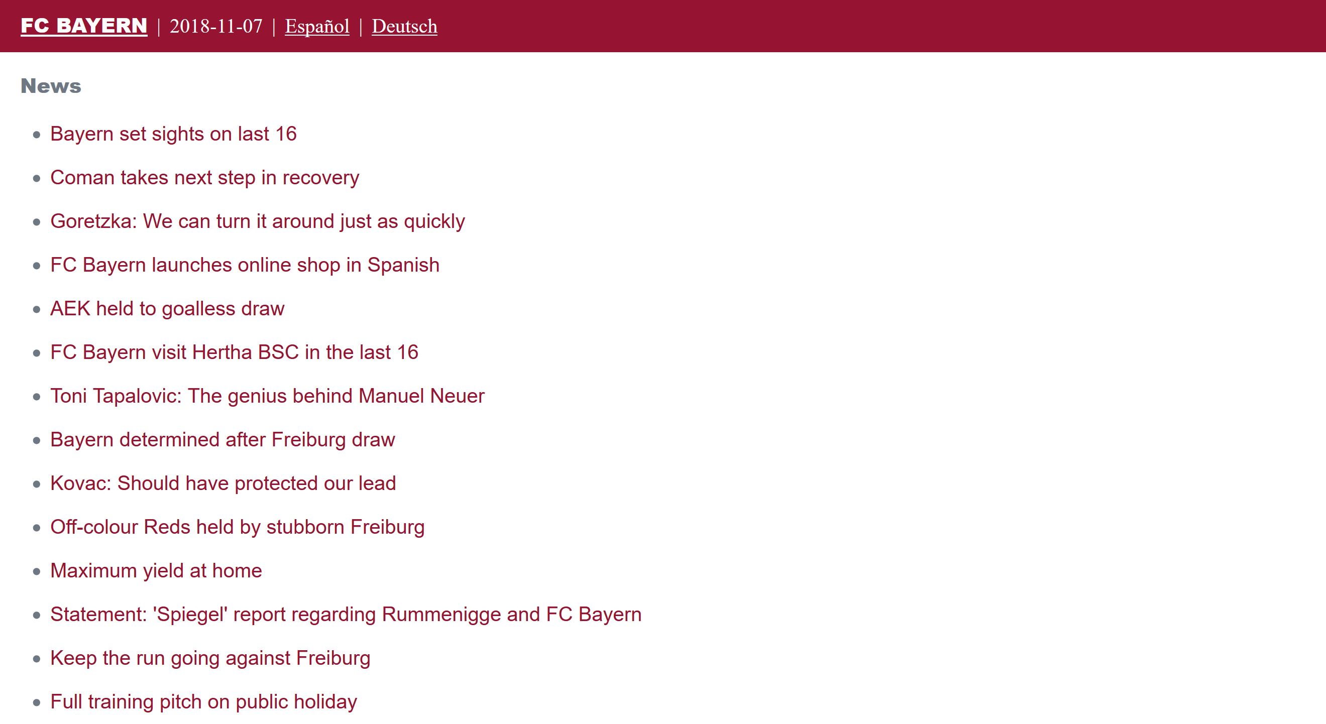 Screenshot of the FC Bayern Lite homepage