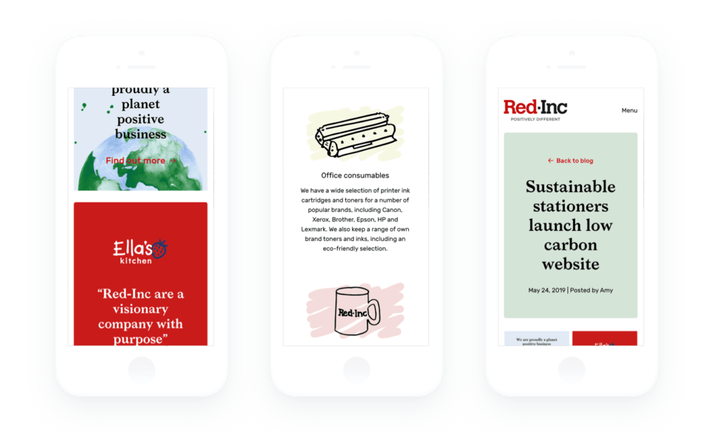 Image of 3 mobile phones displaying different pages of Red Inc's website displaying