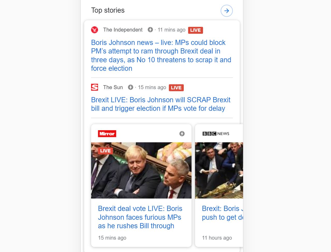 Screenshot of mobile Google results showing AMP articles at the top