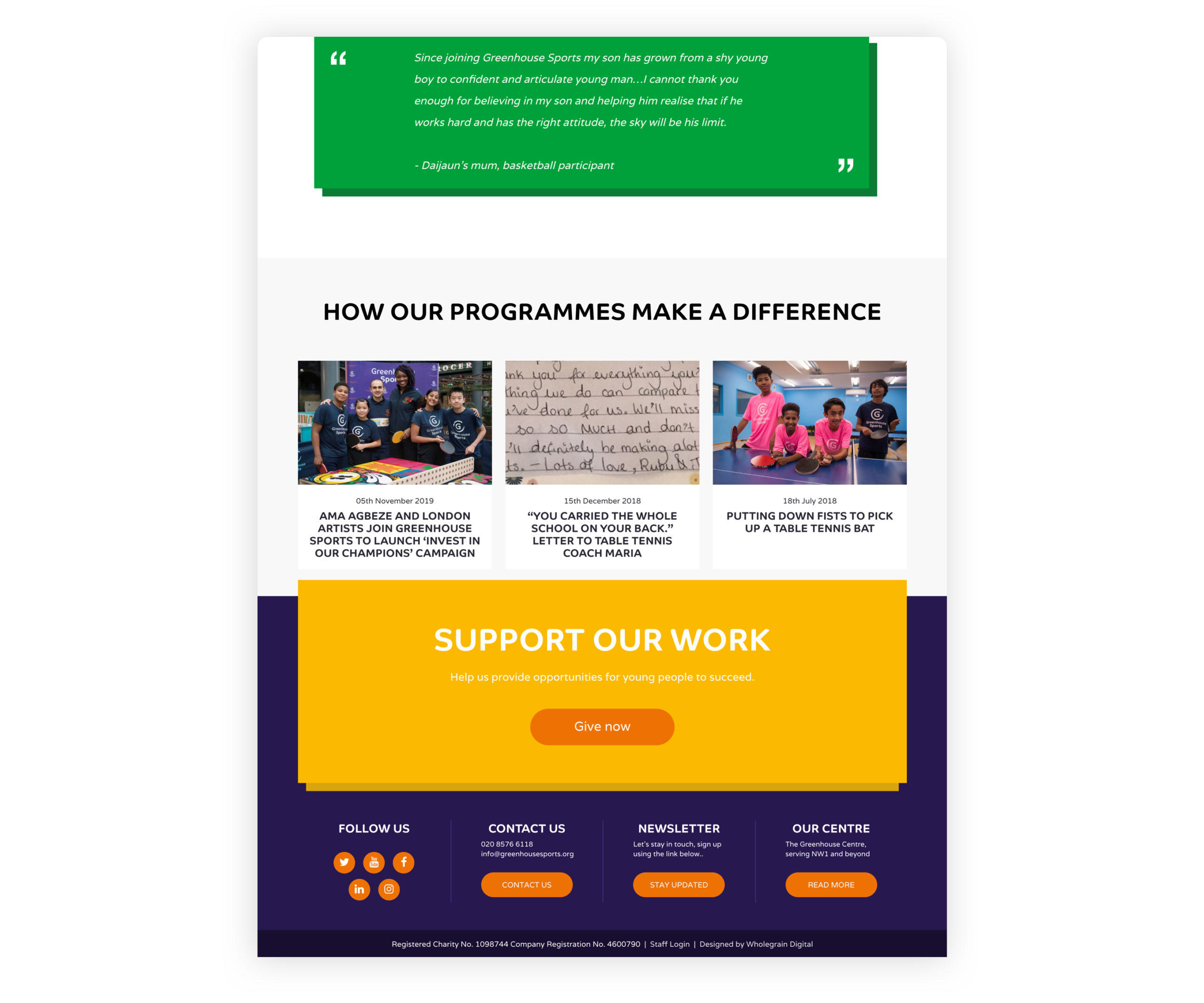 greenhouse sports charity homepage screenshot