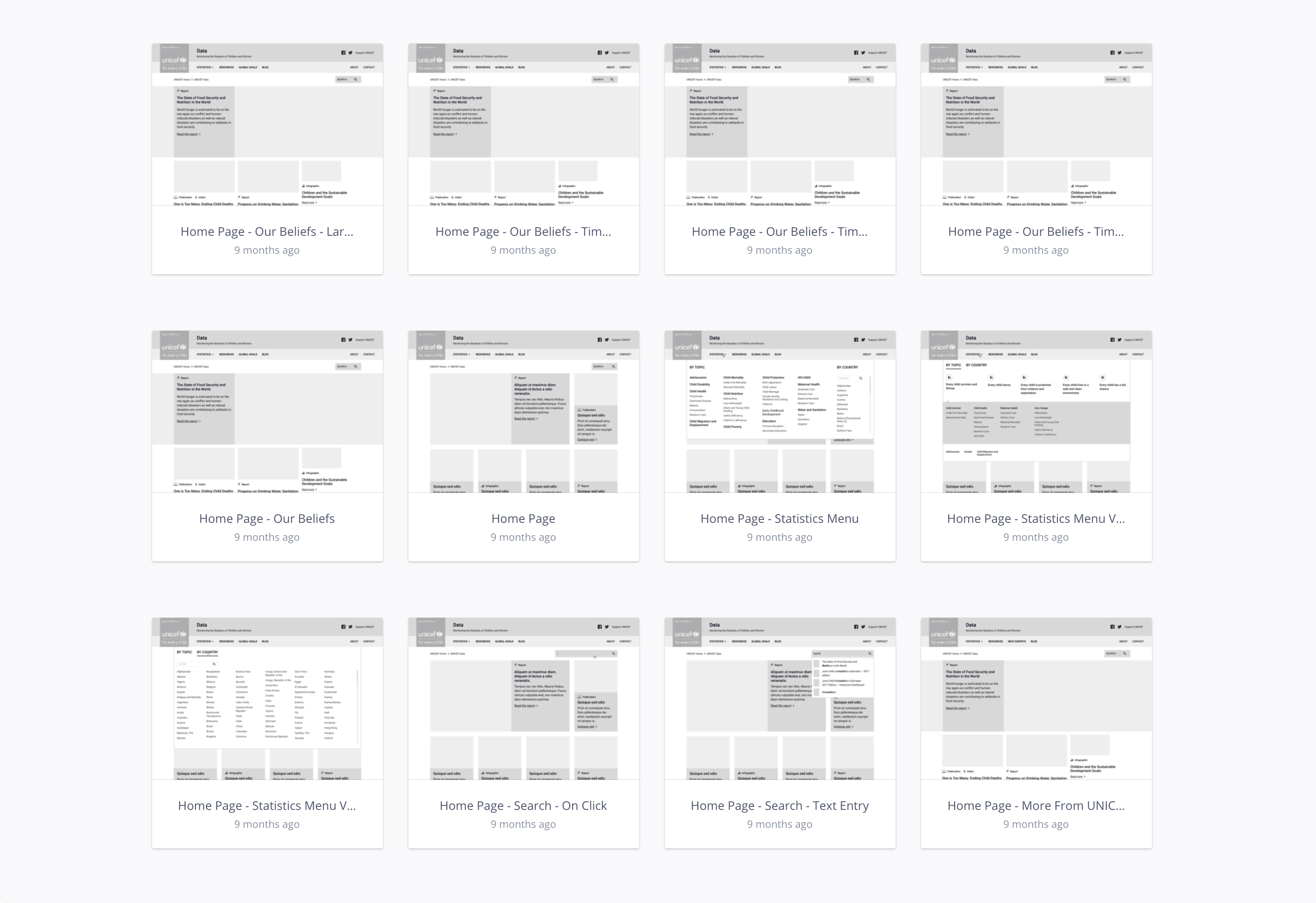 screenshots of UNICEF wireframes