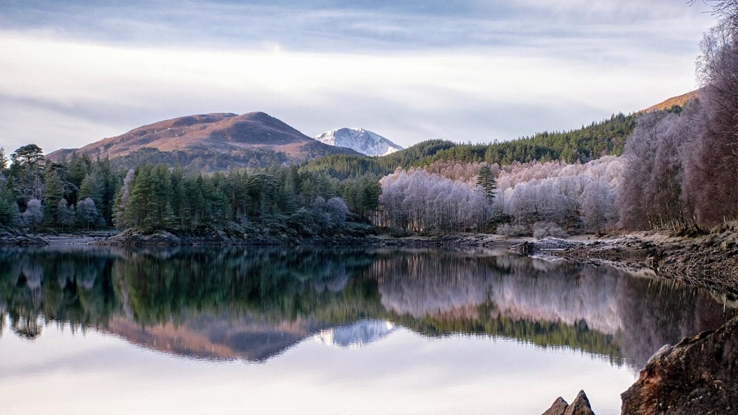 Glenn Affric forest and lake in the frost