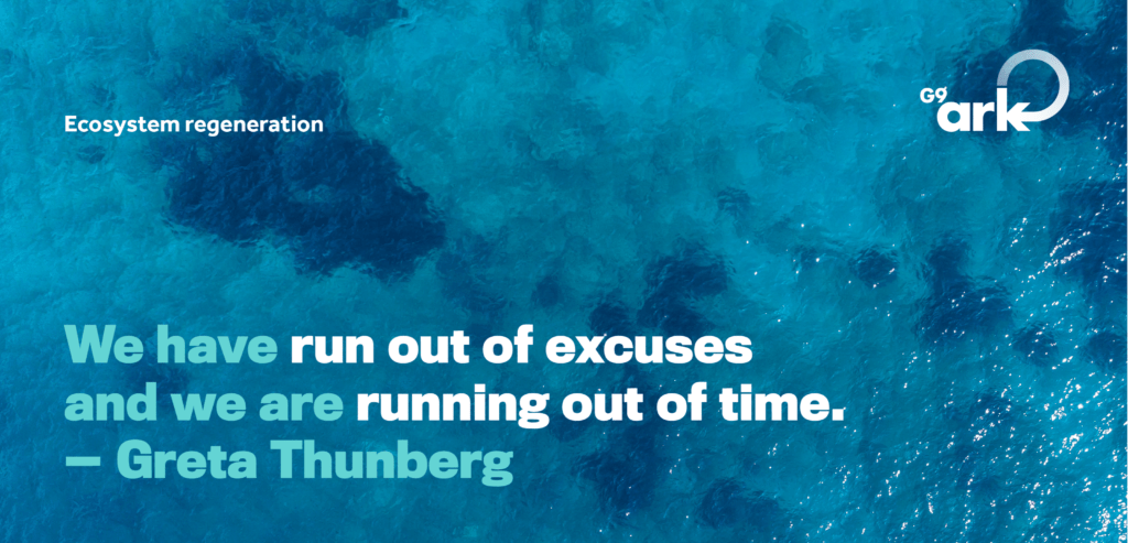 Greta's quote on a sea blue background - We have run out of excuses, and we’re running out of time - Greta Thunberg