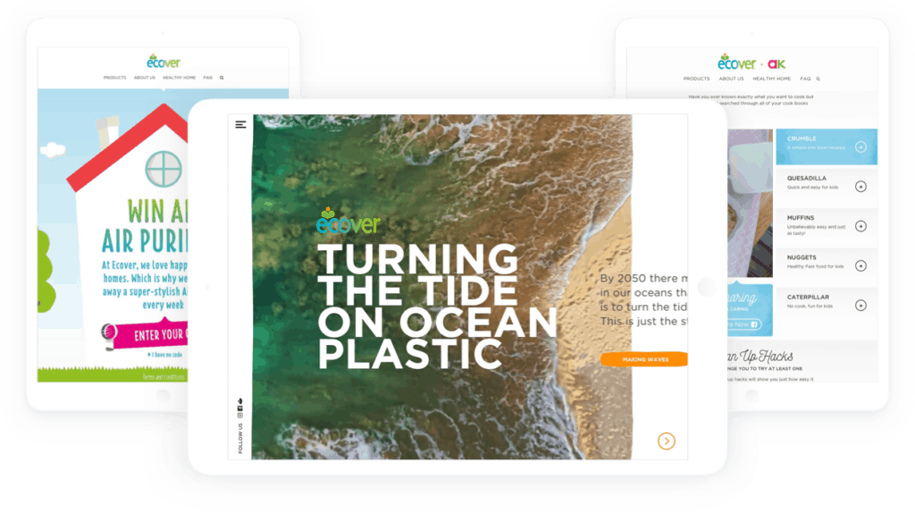 Image showing three different Ecover campaigns on tablets
