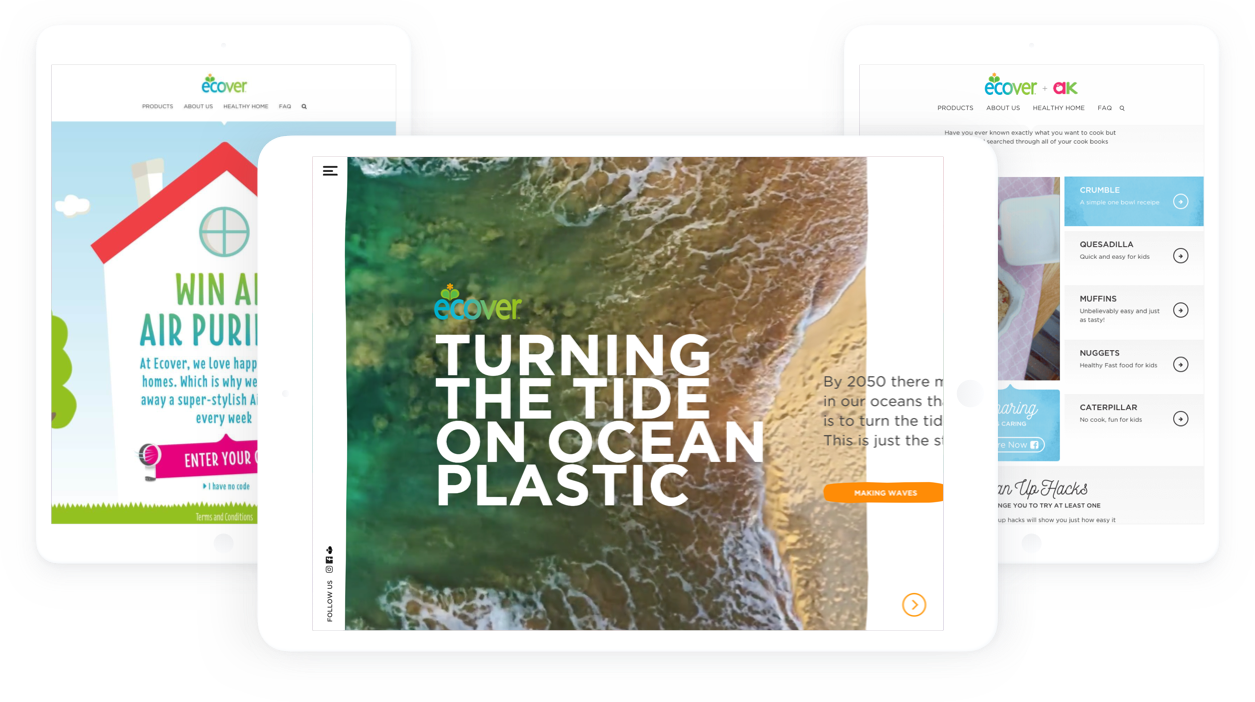Image showing three different Ecover campaigns on tablets