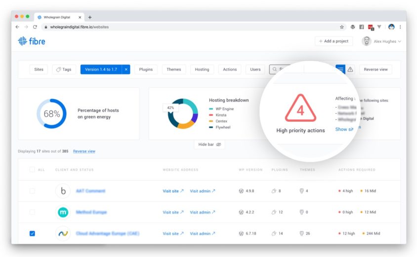 screenshot of wordpress maintenance platform Fibre