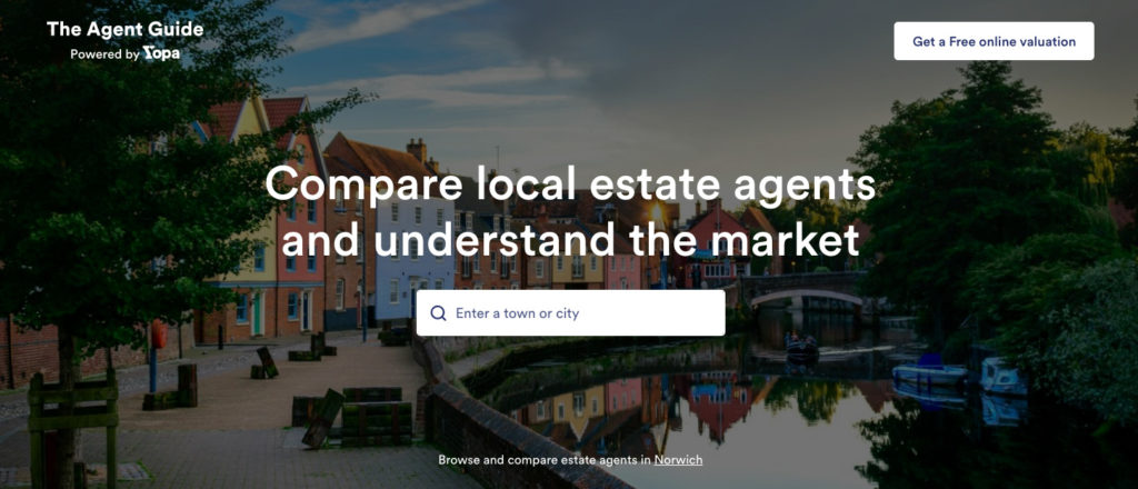 A screenshot of the above the fold area on the home page of https://www.yopa.co.uk/estate-agents-in/