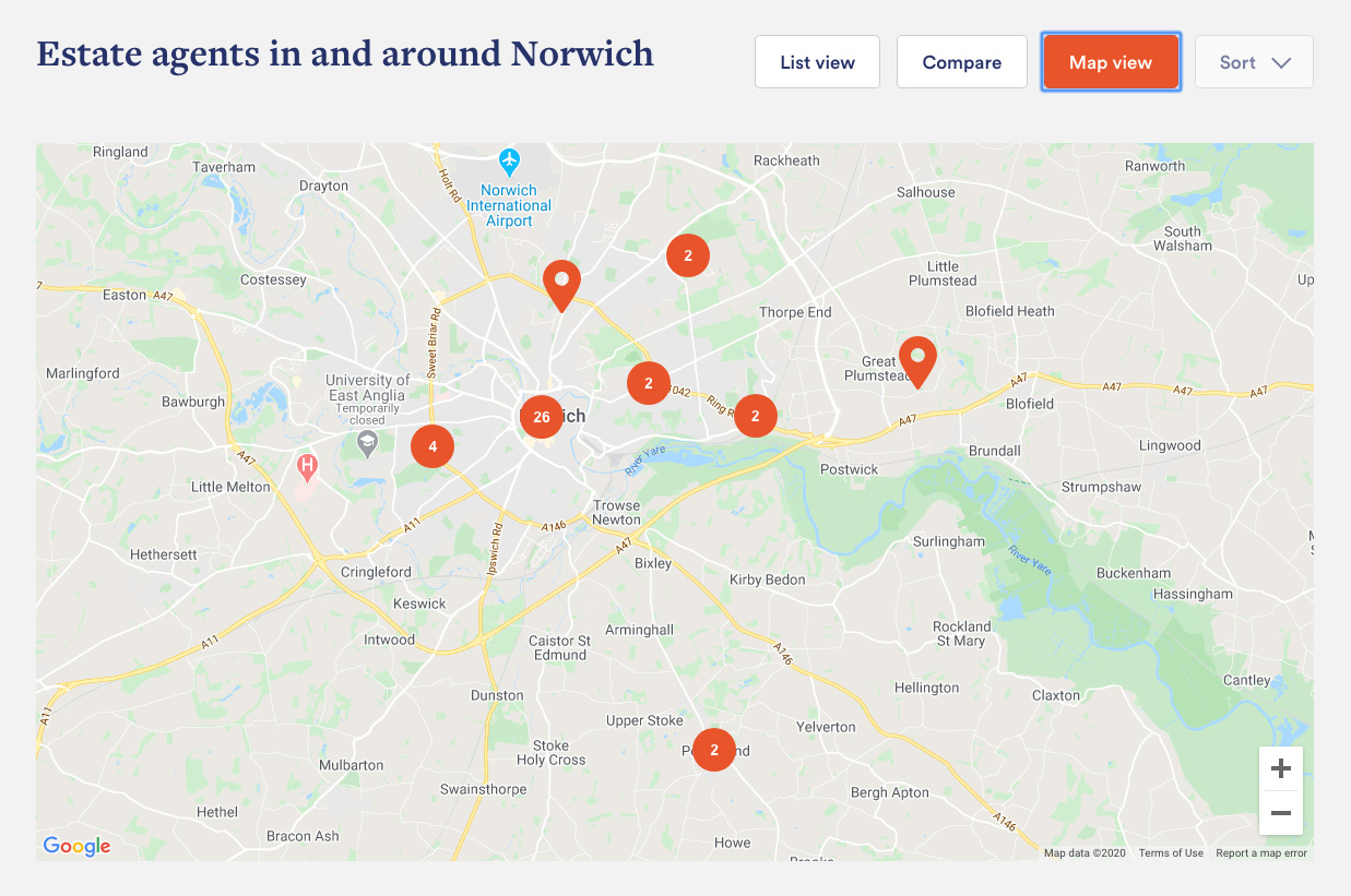 The map view of the agents in and around Norwich