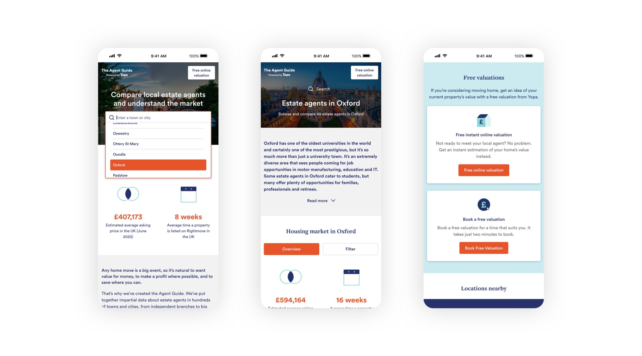 Image showing the different pages of The Agent Guide website on 3 mobile phone screens