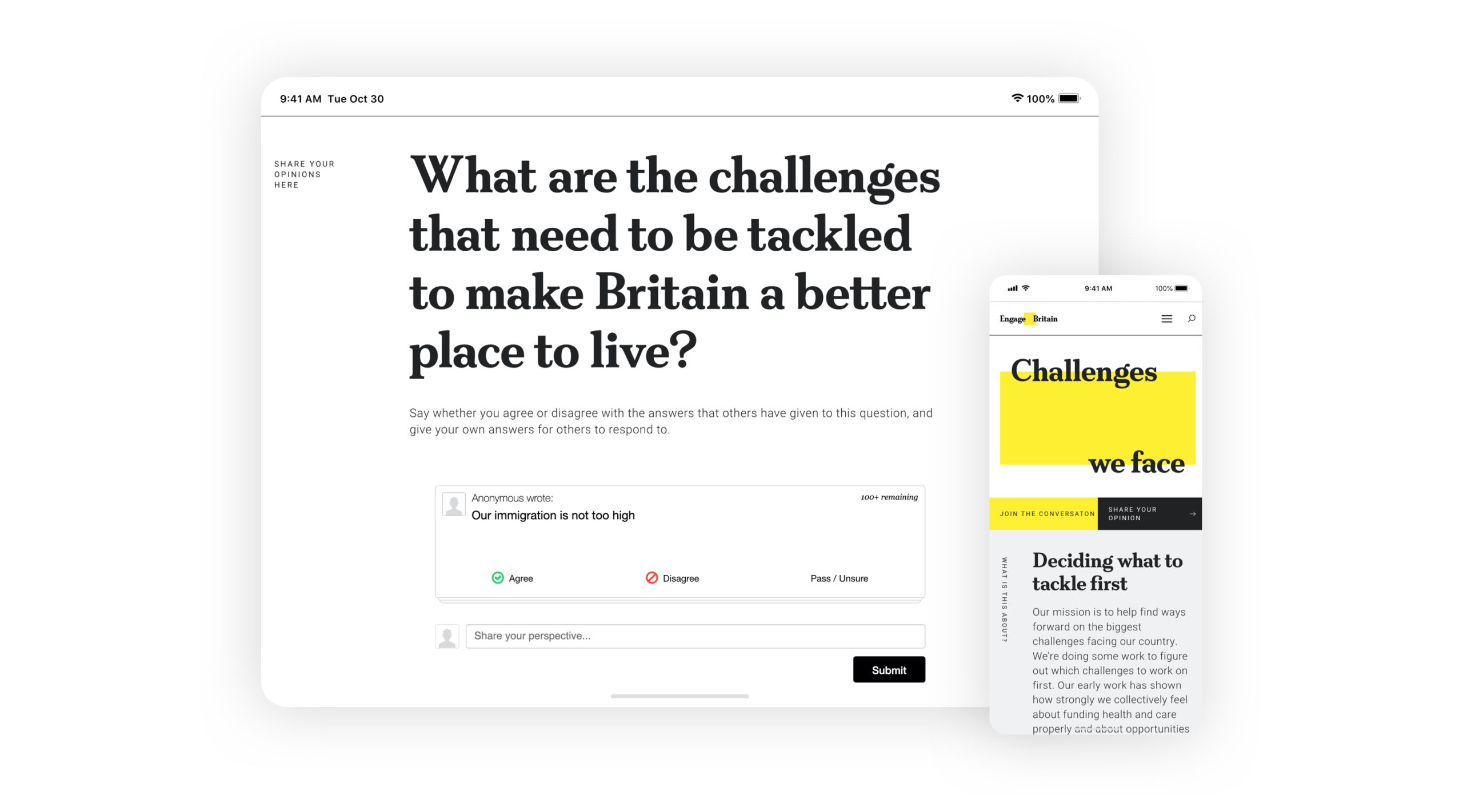 Image showing Polis interface, where people can share their opinions and agree or disagree with others'