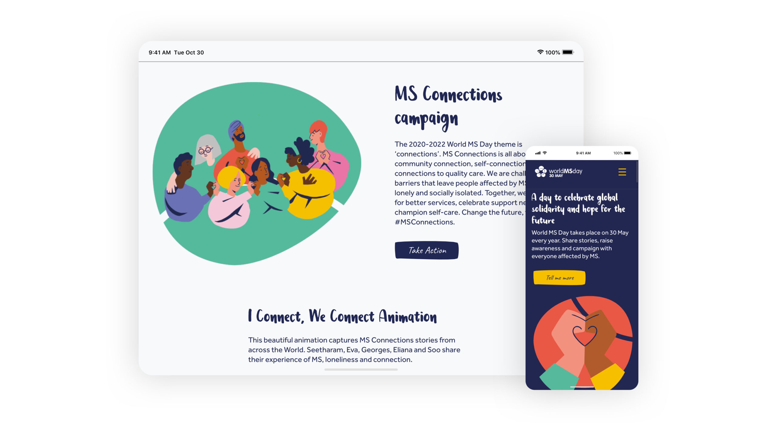 Image showing two different pages of the World MS Day site, one on a tablet and one on mobile