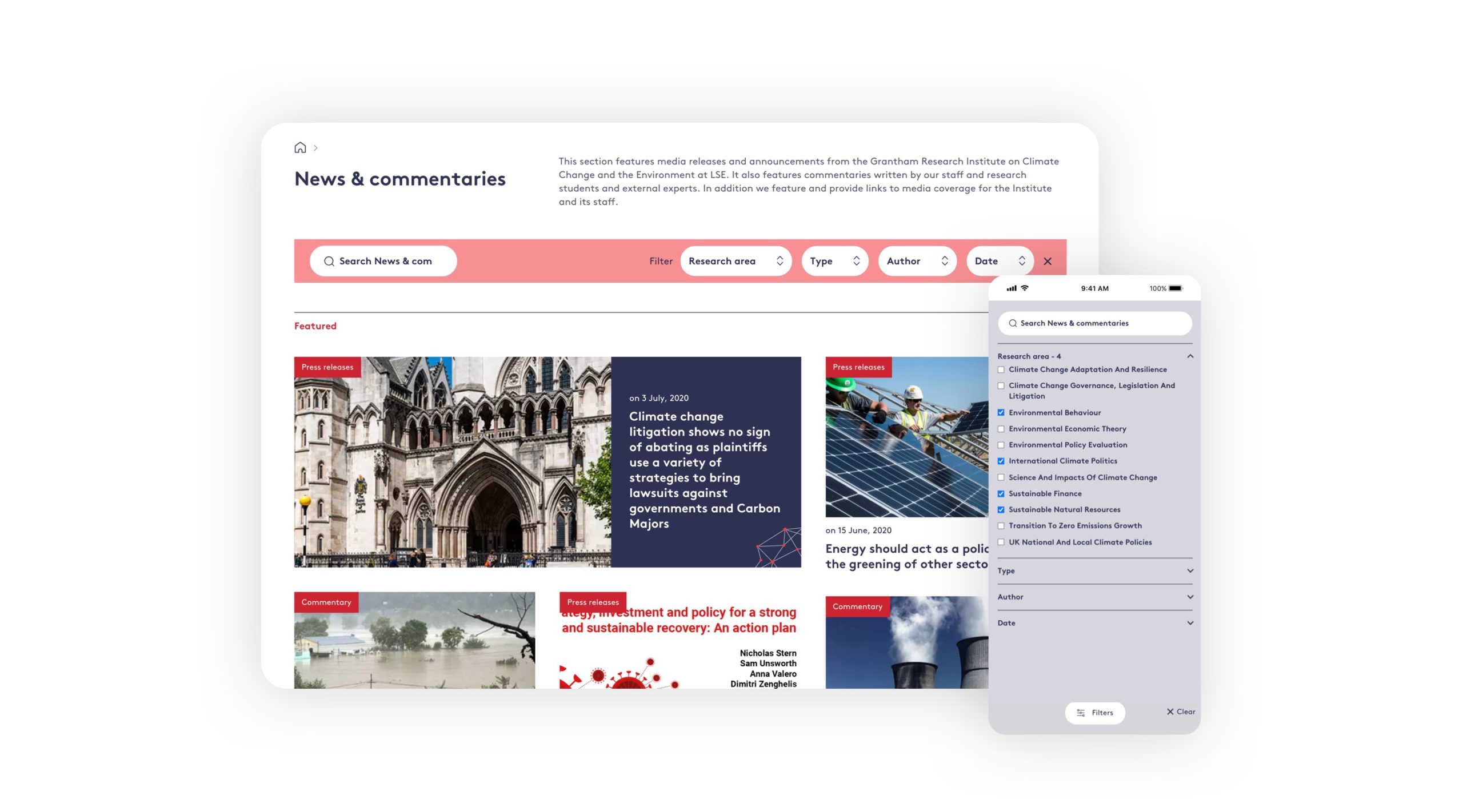 Image of Grantham Research Institute news page with a mobile in front displaying an image of the search function