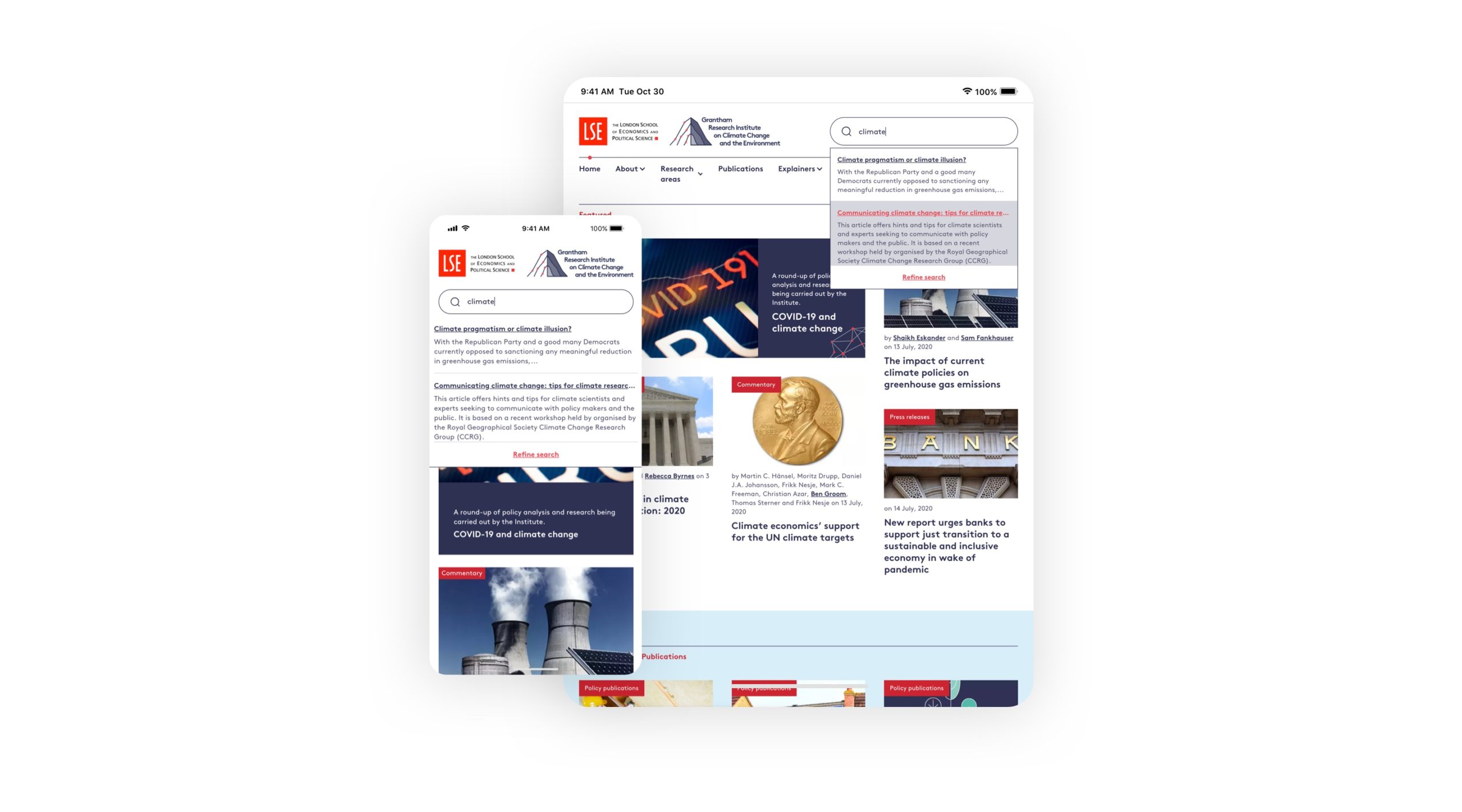 Image of the Grantham Research Institute displaying the search function in tablet and mobile formats