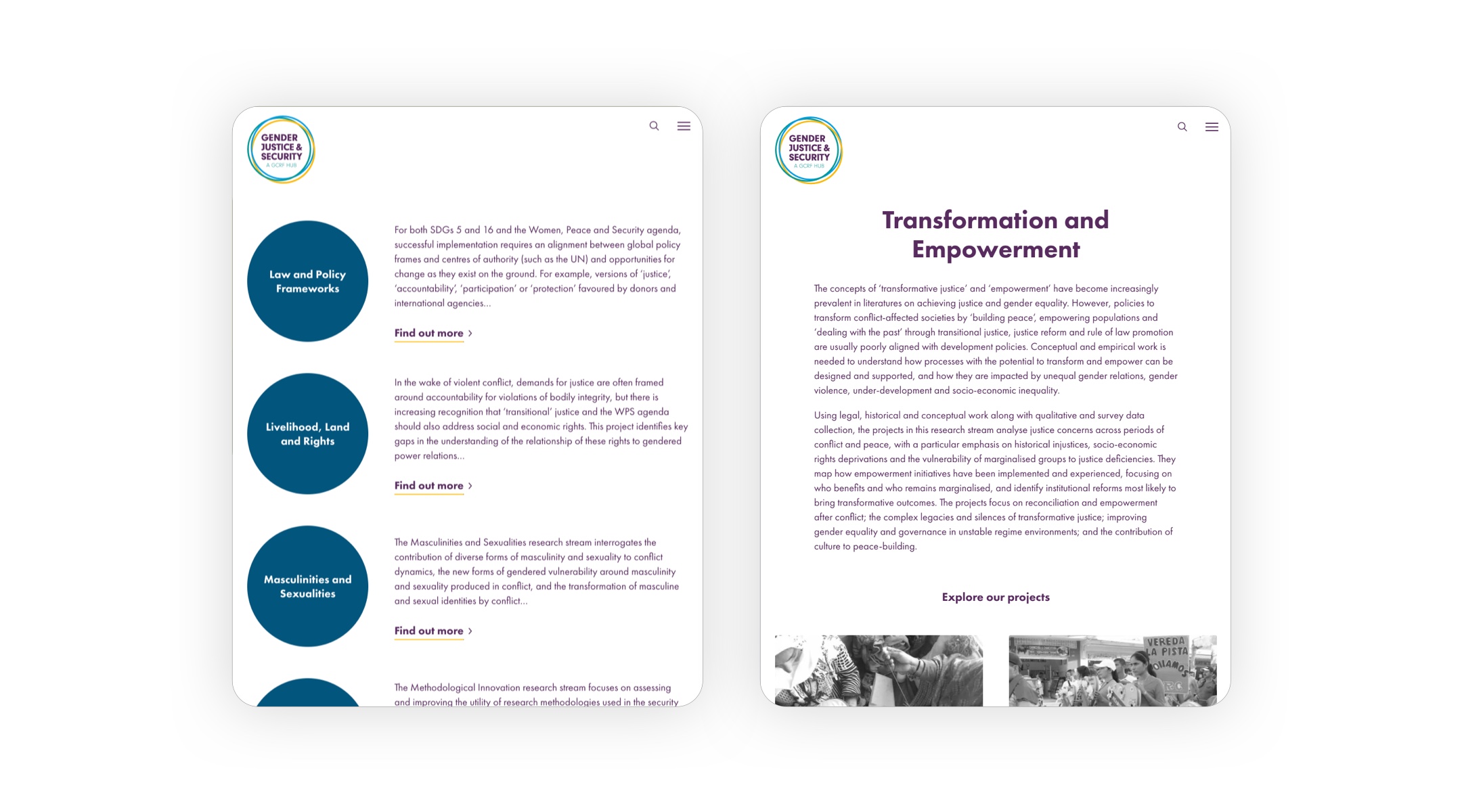 Image of The Gender Hub website displayed on two tablets. The one on the left shows the list of research themes and the one on the right displays a page with some detail of one of the themes