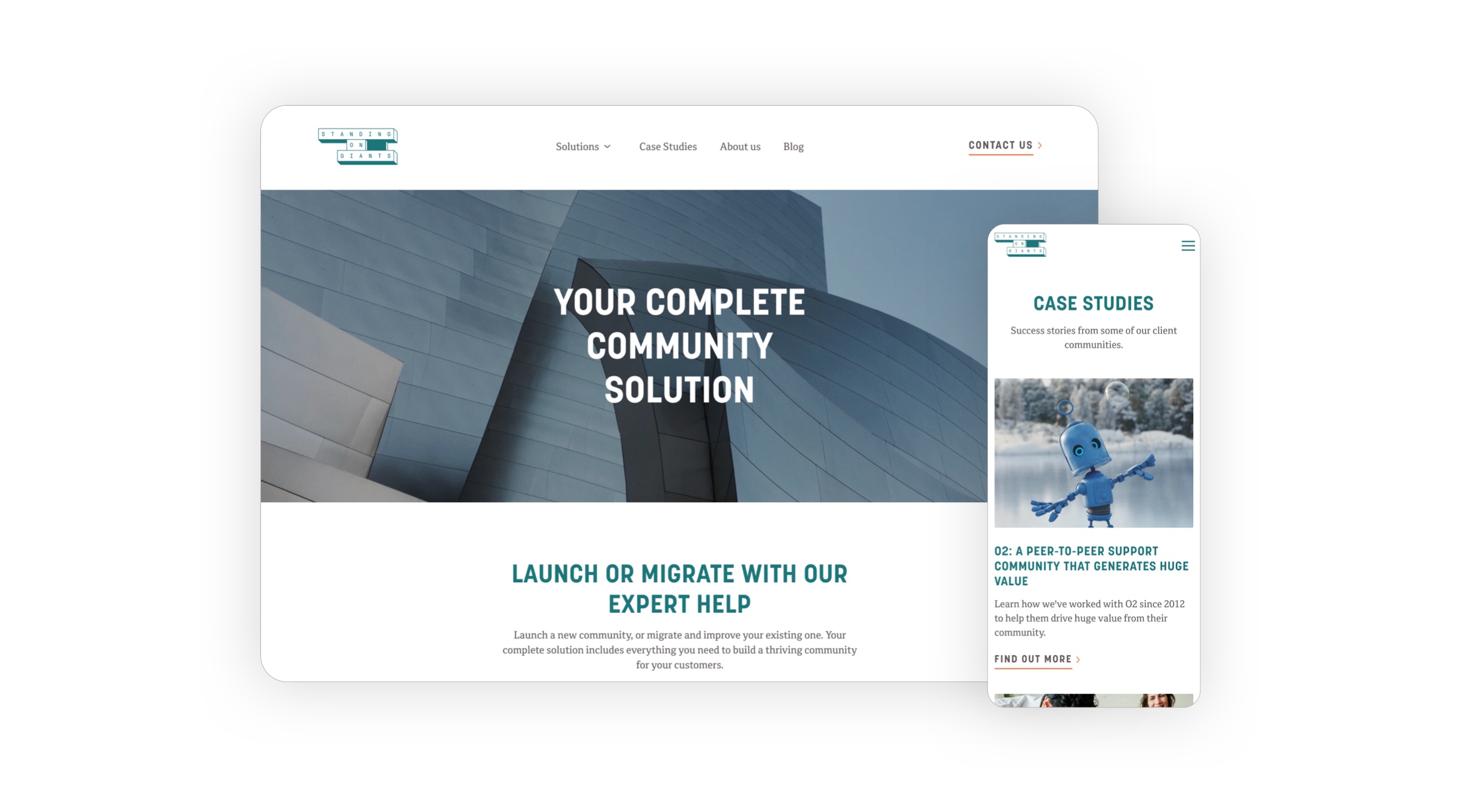 Image of Standing on Giants' solutions (services) page displayed on a tablet with a mobile in front showing the case studies page