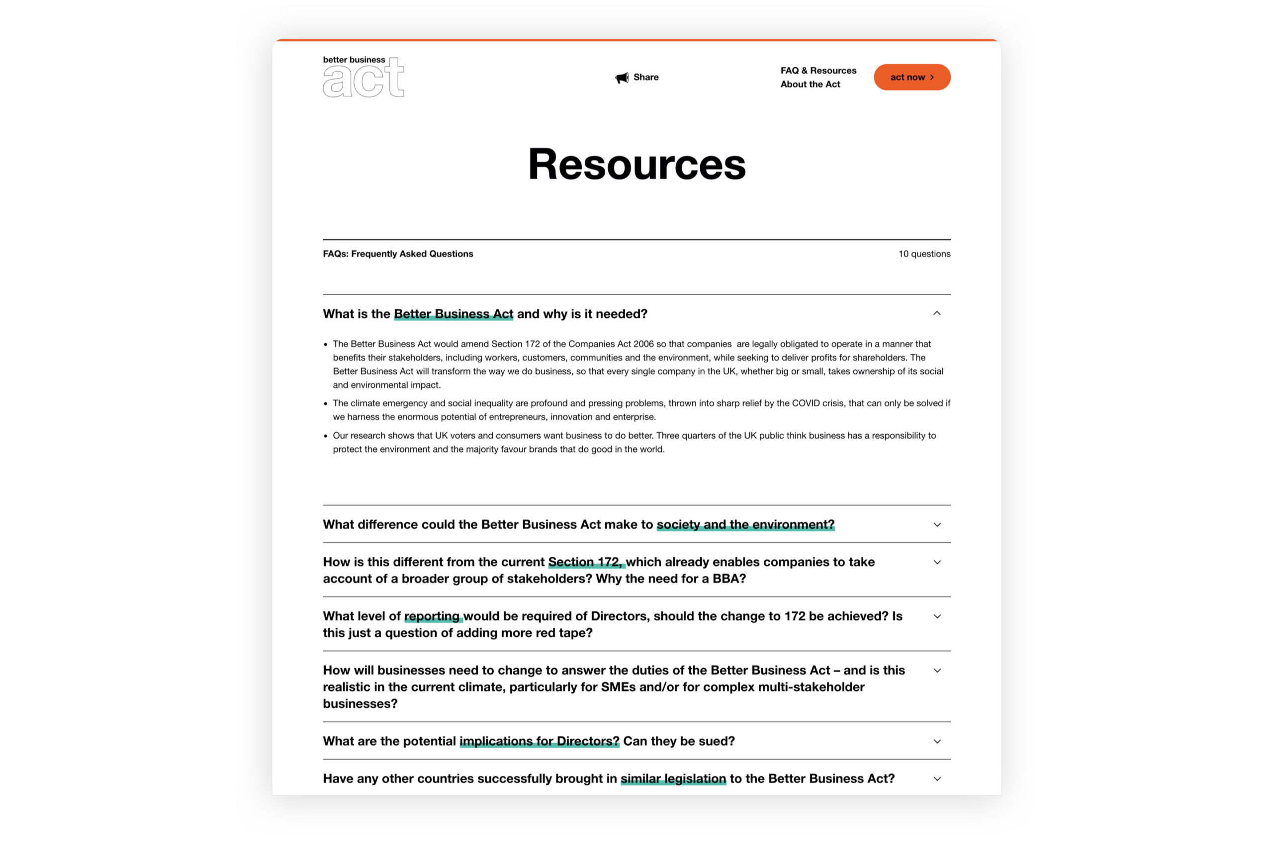Image of the Resources page from the Better Business Act website, showing the FAQs