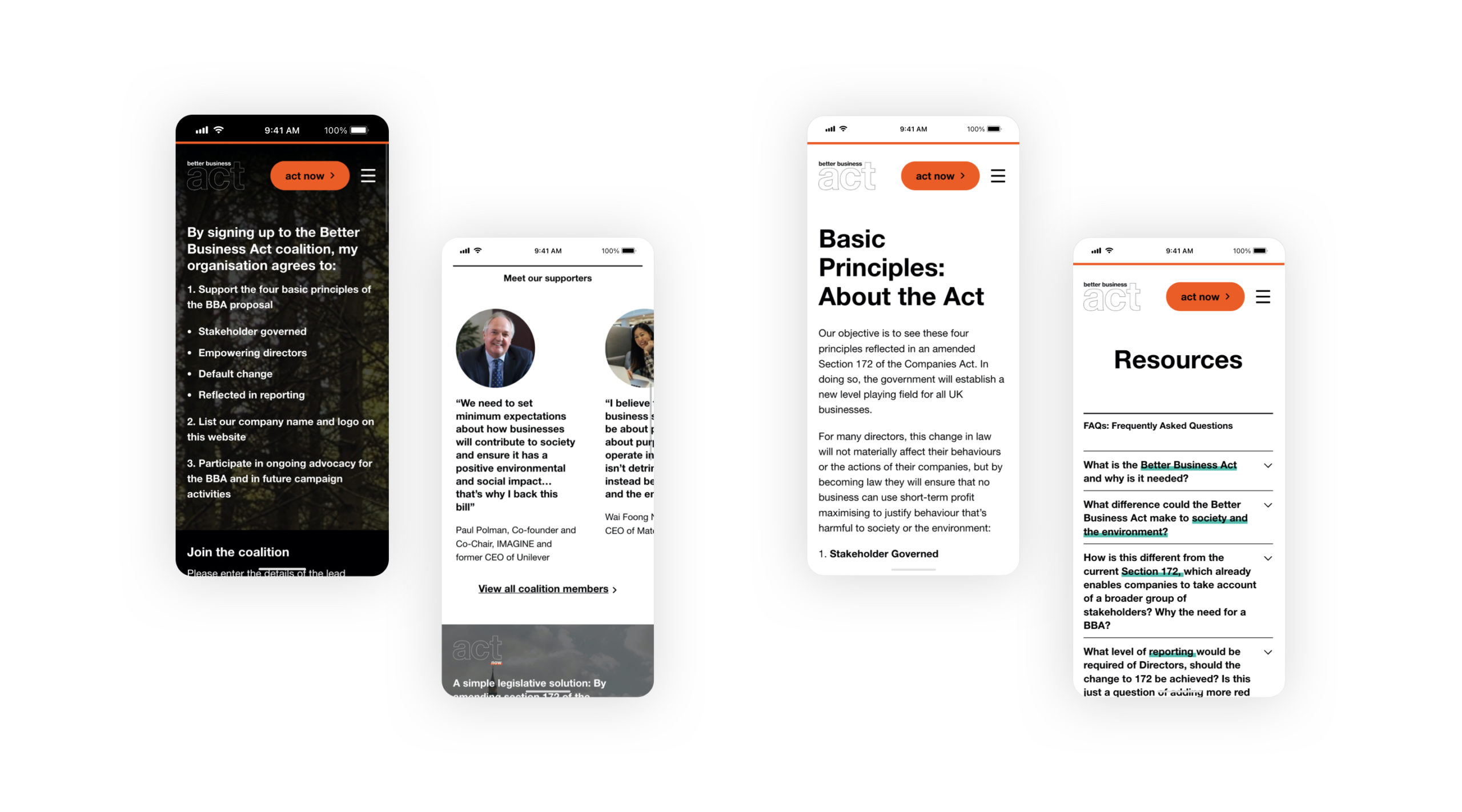 Image of 4 mobile devices, showing different pages of the Better Business Act website