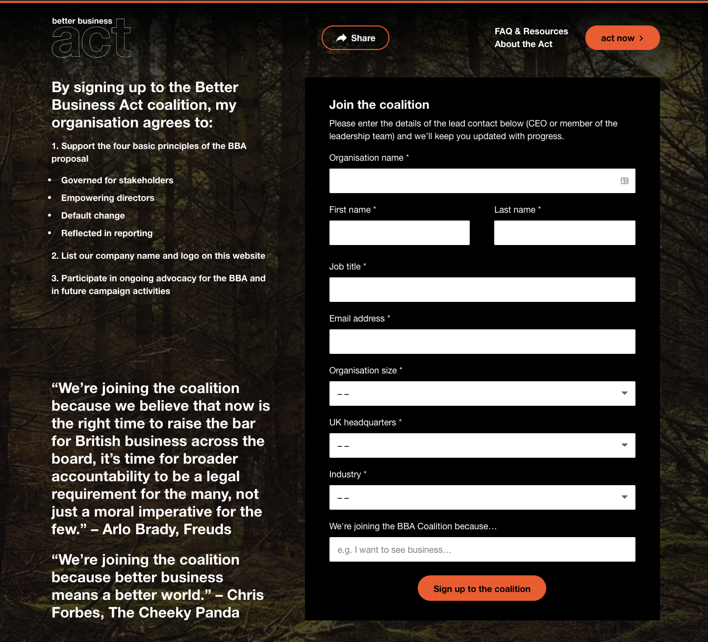 Image of the coalition sign-up form page