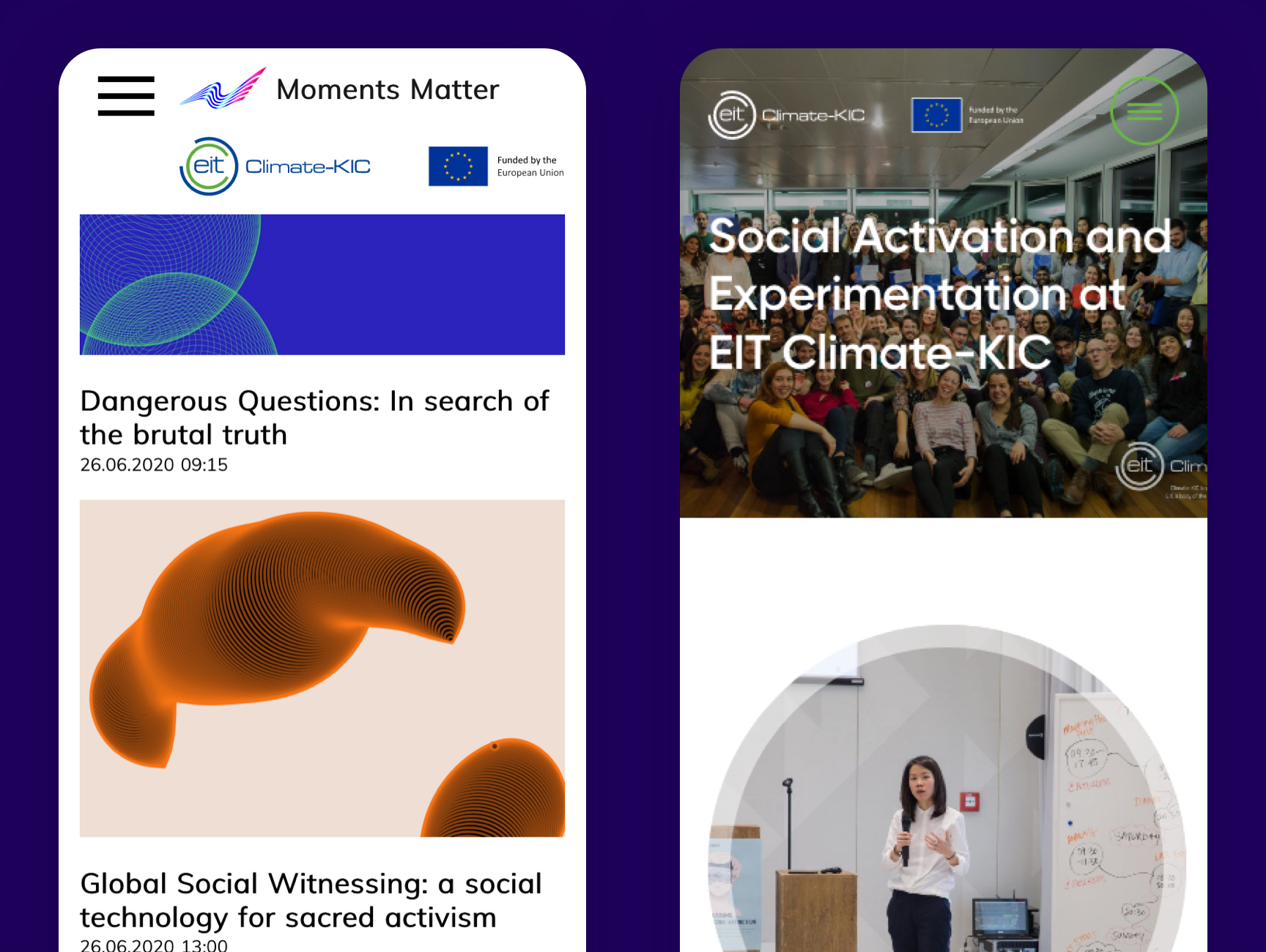 Image showing both the social activation and the moments matter homepages for EIT-Climate KIC