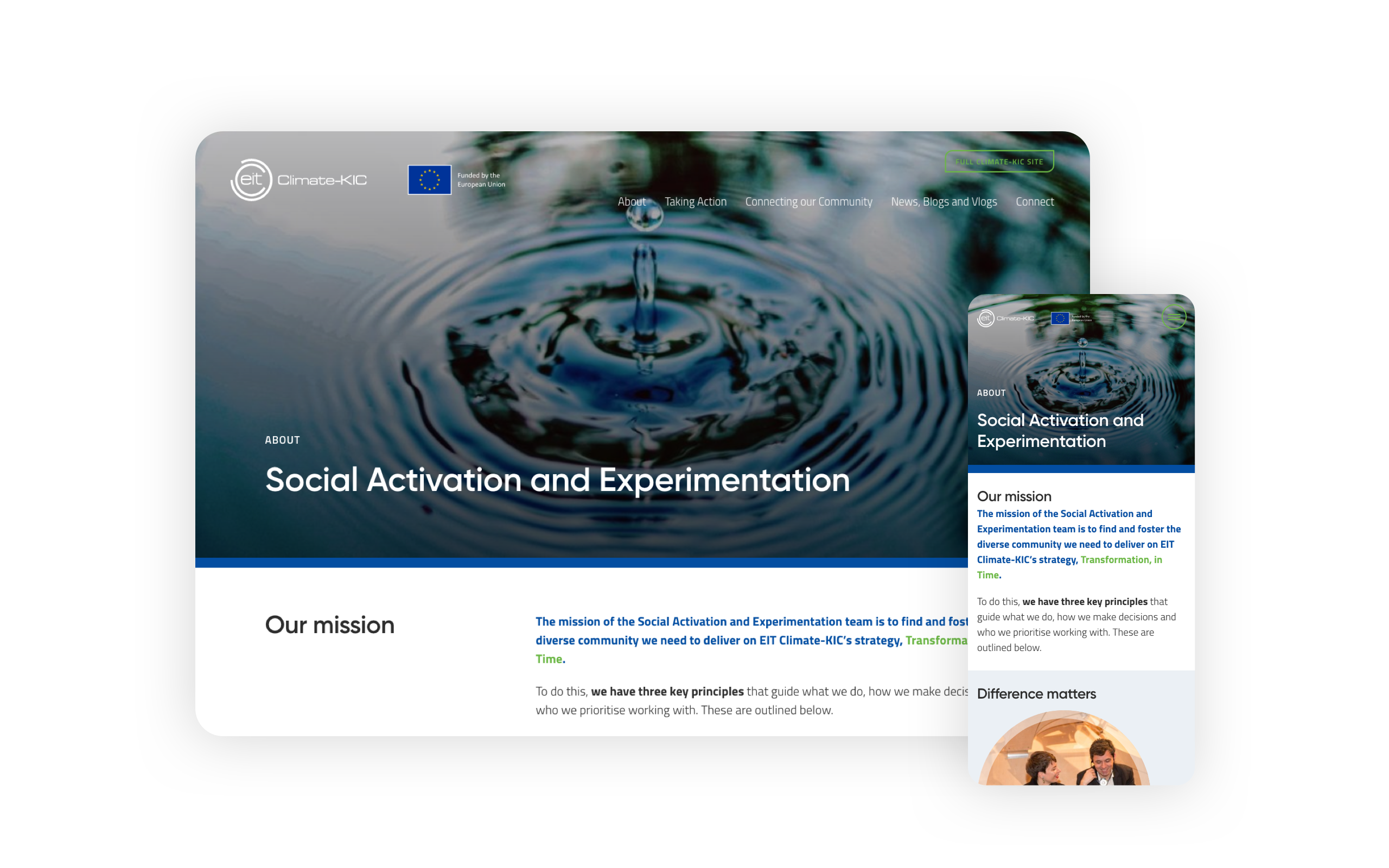 Image of a page of the social activation website, displayed on desktop and mobile