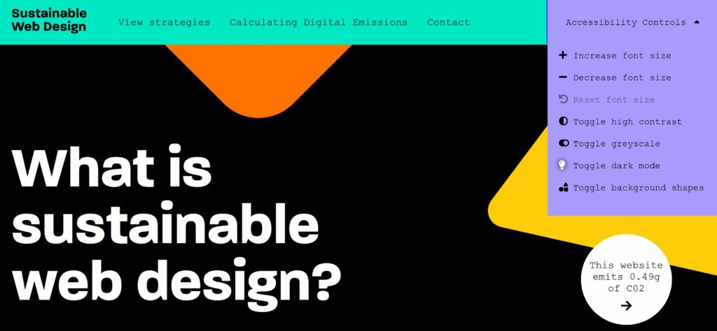 Screenshot of the accessibility controls on SustainableWebDesign.org