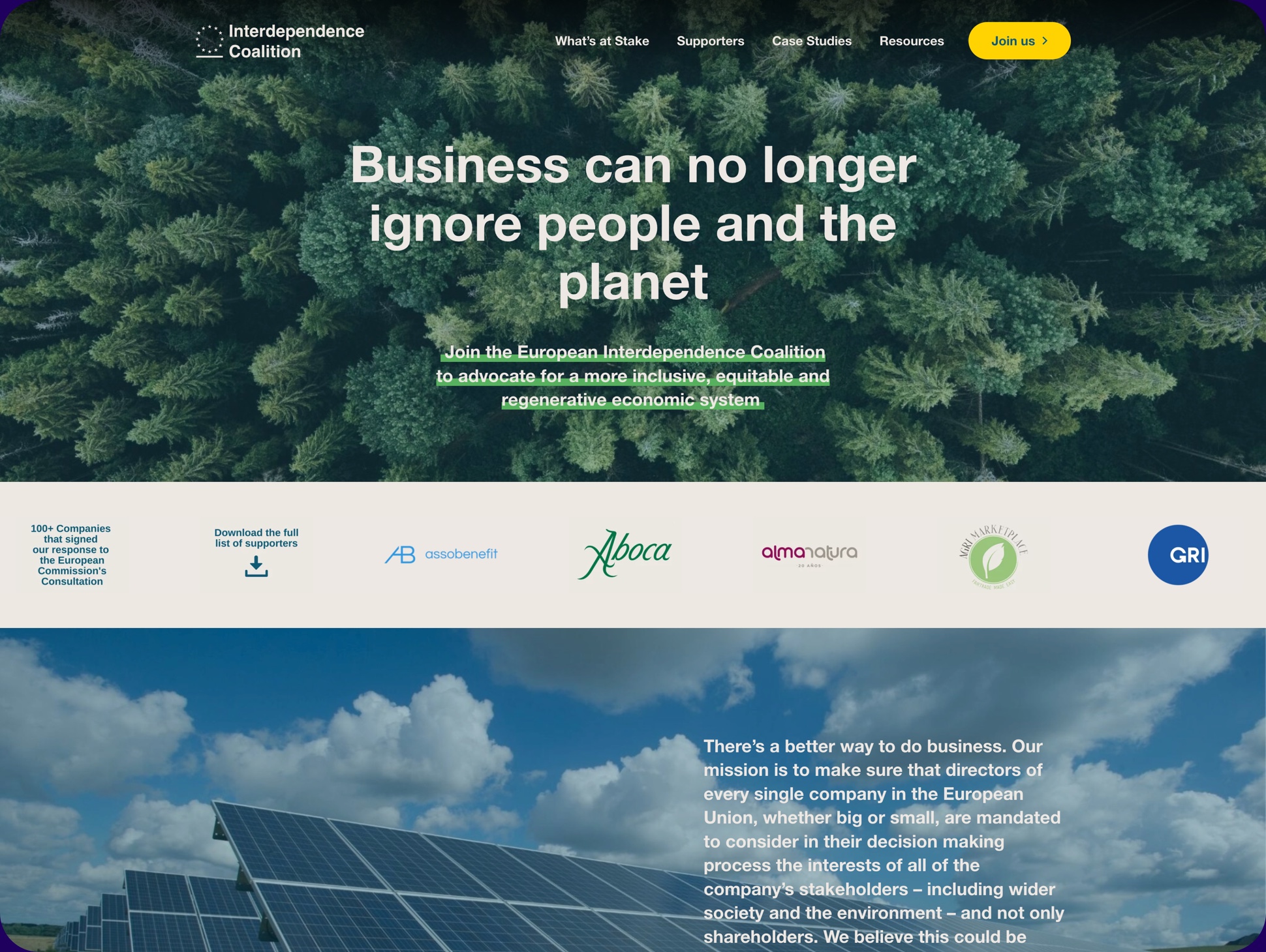 Full screen image of the interdependence coalition website homepage