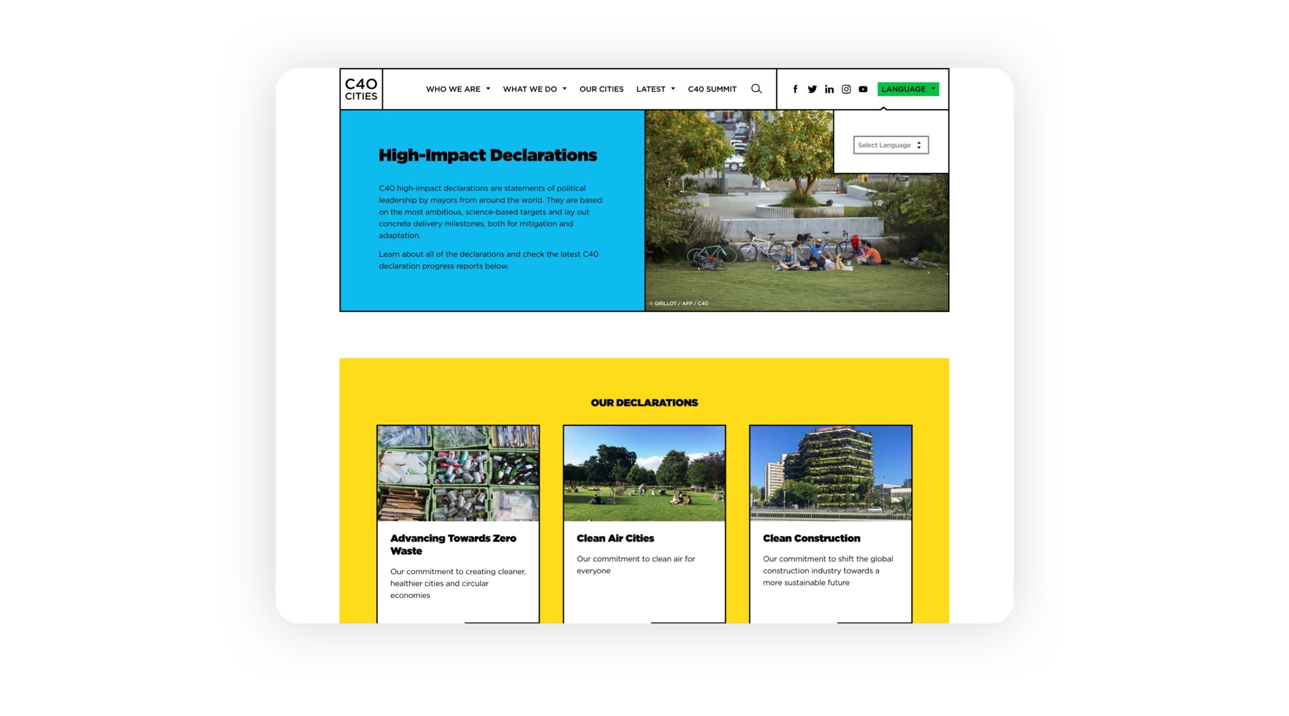 Image of C4 Cities website, demonstrating simplicity of drop down language menu option