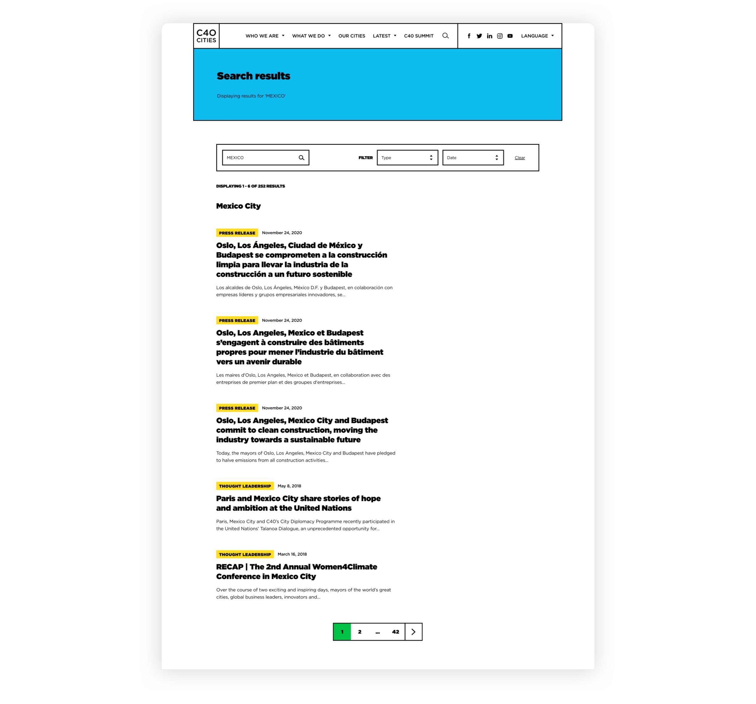 mage demonstrating C40 Cities website's search function