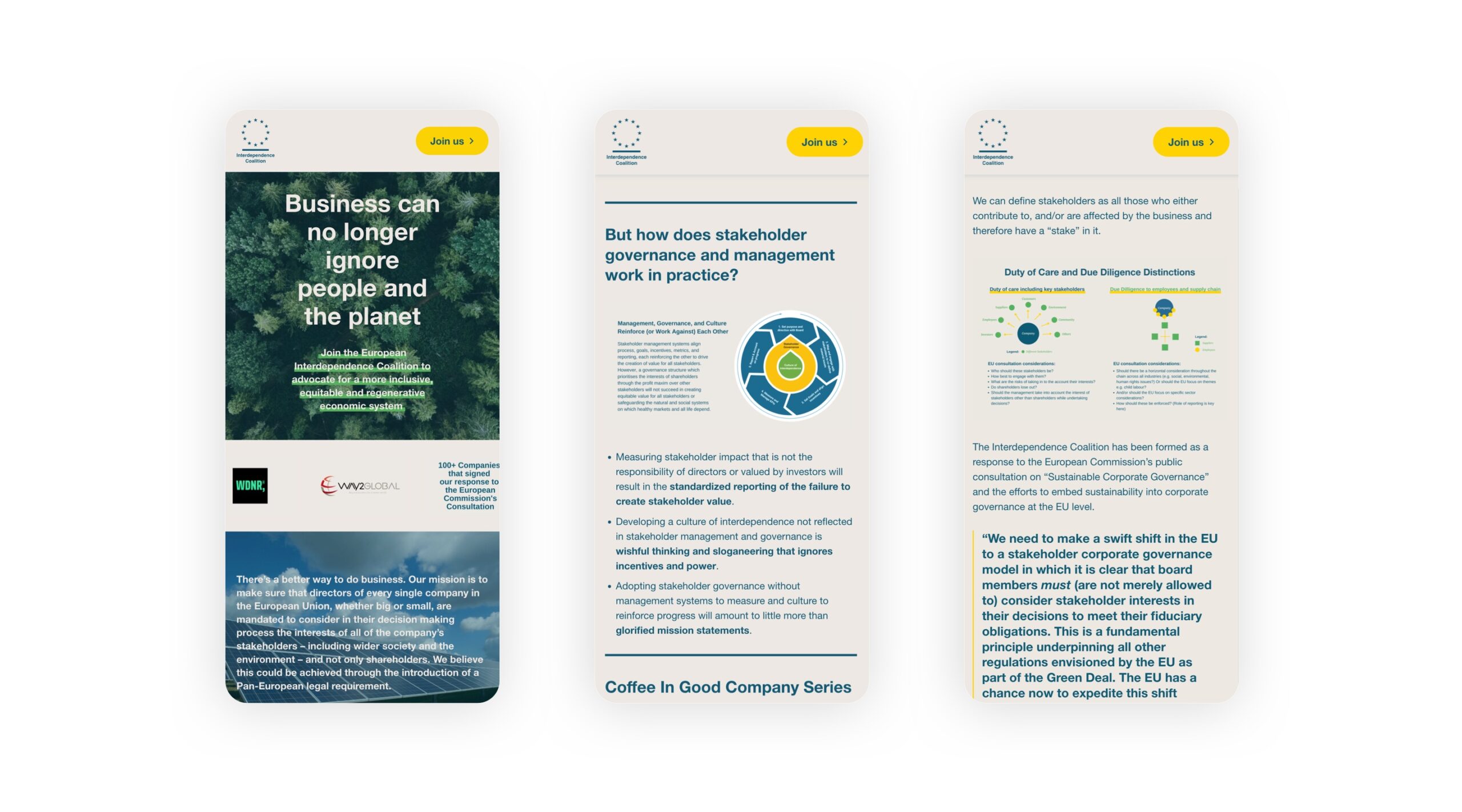 Image of 3 different pages of the interdependence coalition website, displayed on mobile devices