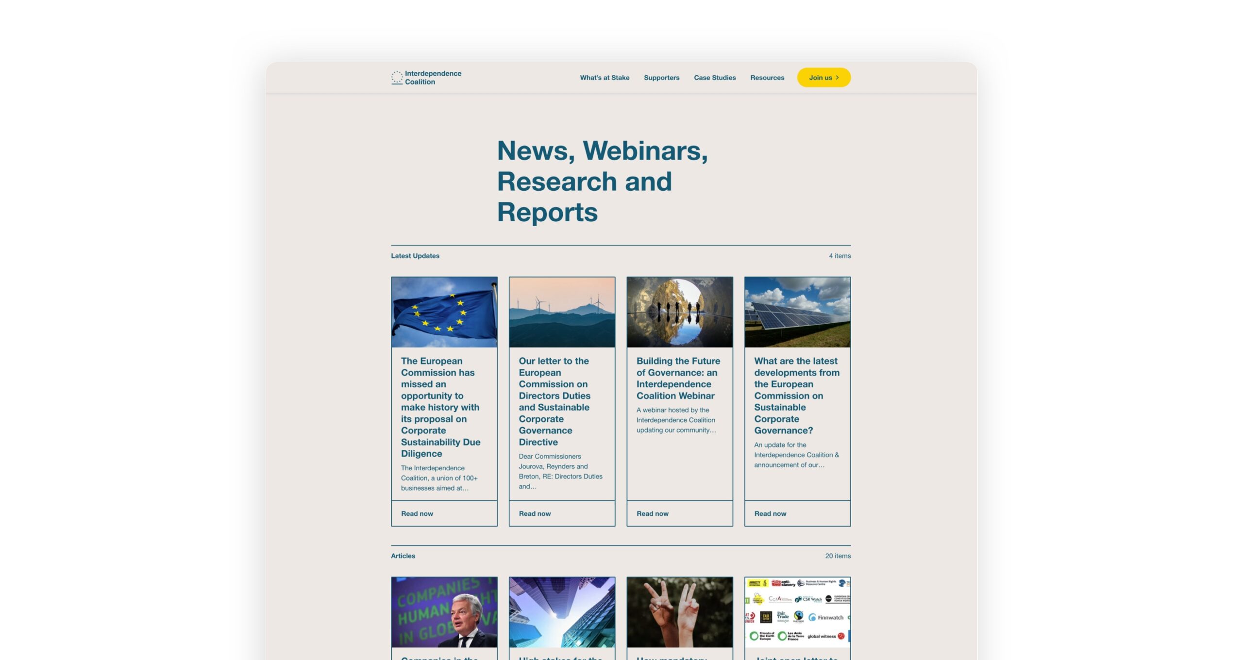 Image of the interdependence coalition website resources page