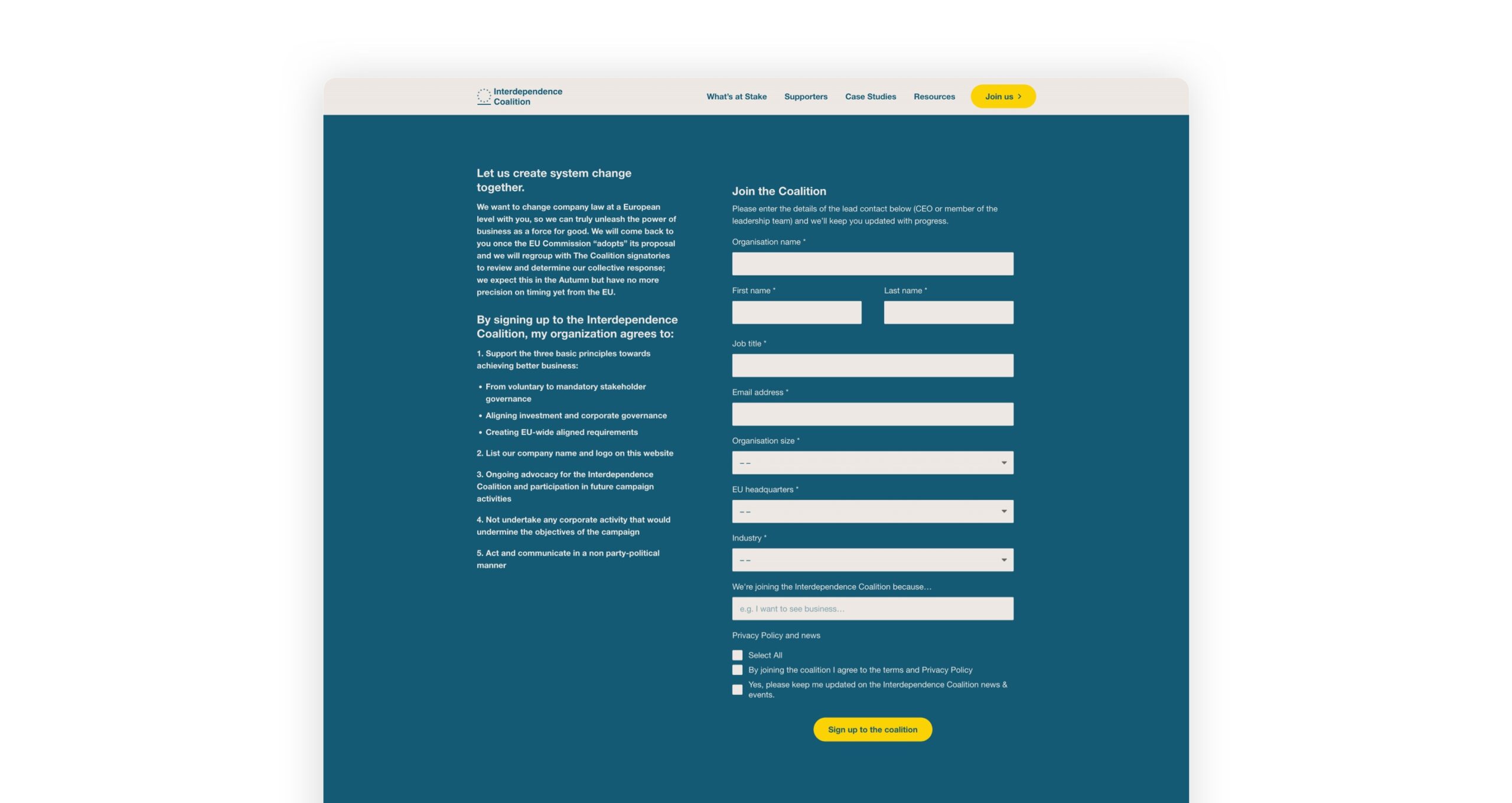 Image of the interdependence coalition sign up form