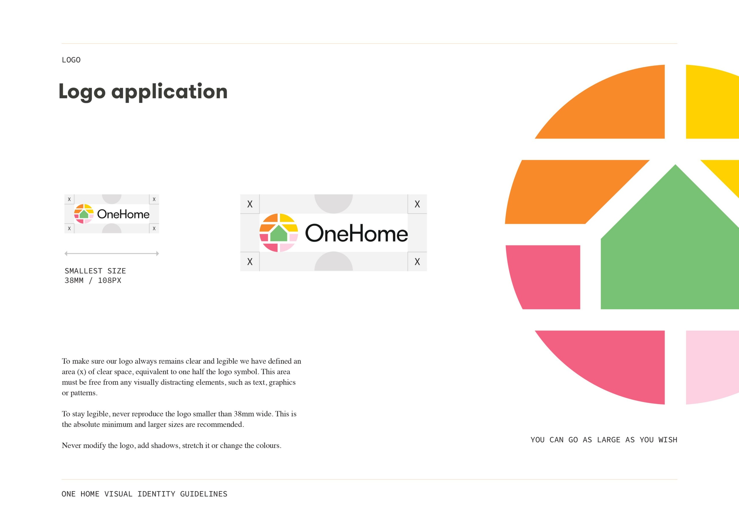 Image of a page from the One Home brand guidelines, showing how the logo (a green house shaped icon surrounded by orange, yellow, light and dark pink geometric shapes) should be used
