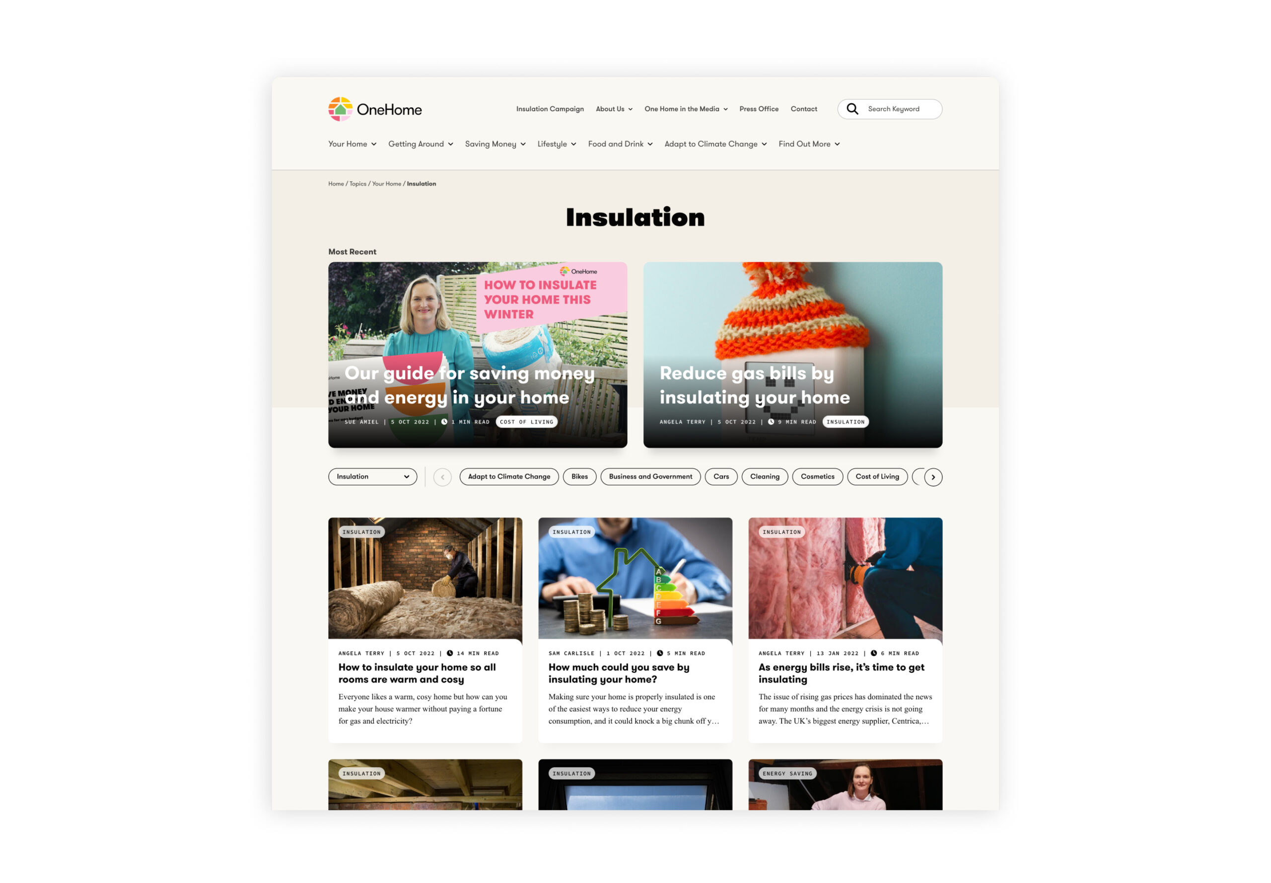 Image of a page of the One Home site, focusing on how to insulate your home. This demonstrated the editorial style of the site, witrh each article highlighted by warm photographic imagery