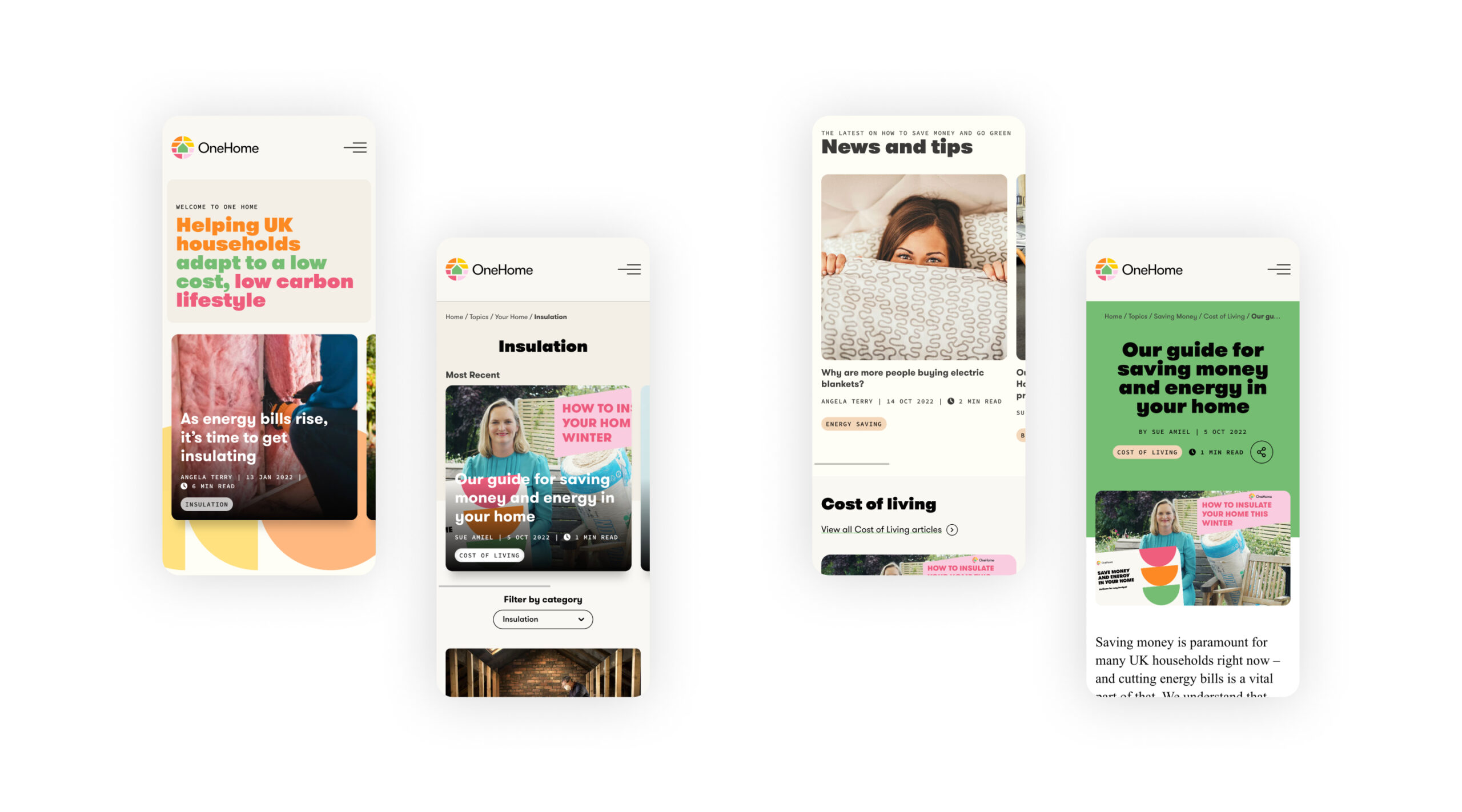 Image of different pages of the One Home website displayed on mobiles