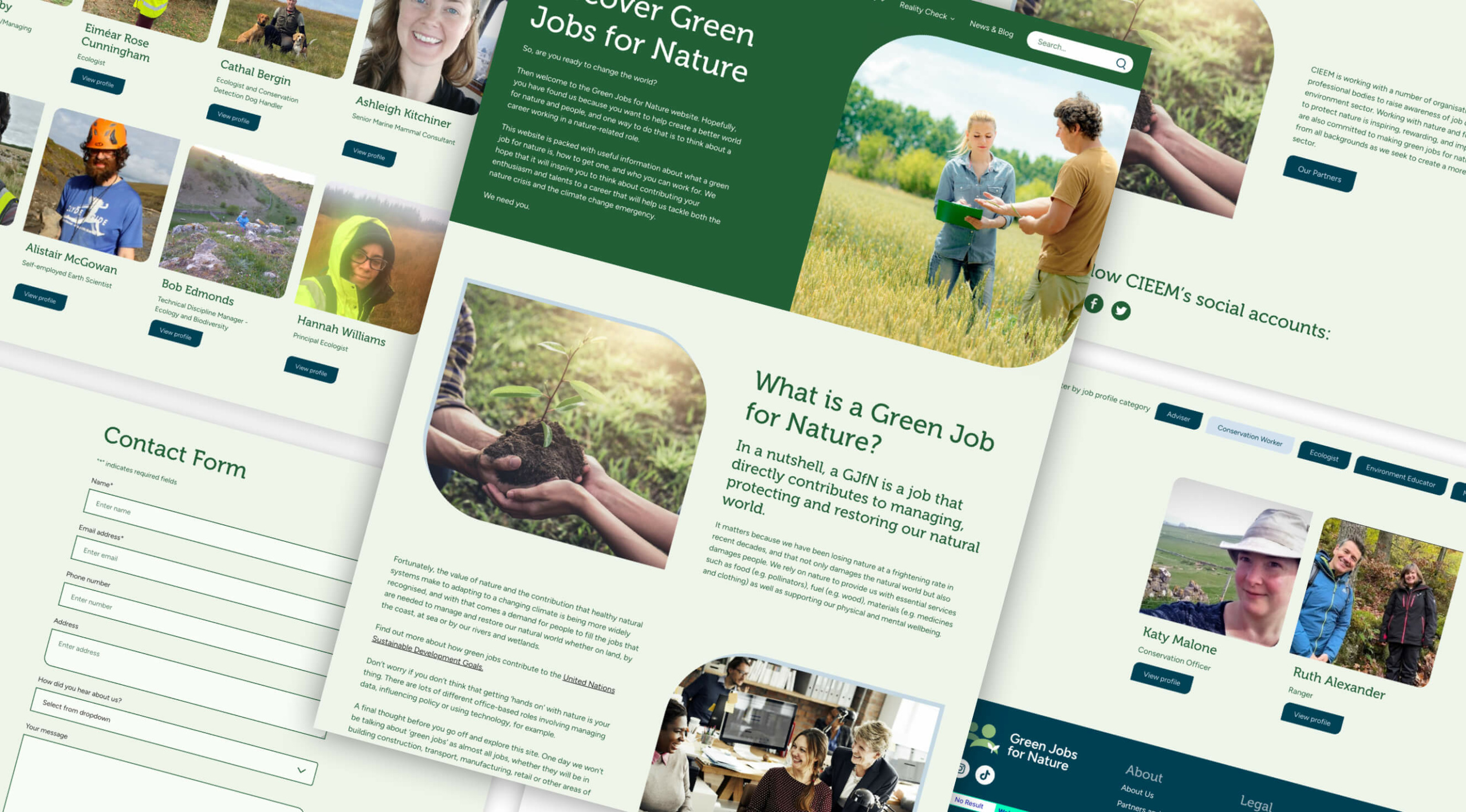 Image of several pages of the new Green Jobs for Nature website, laid over one another to demonstrate the branding, highlighting the curved edges and green and cream theme throughout the website
