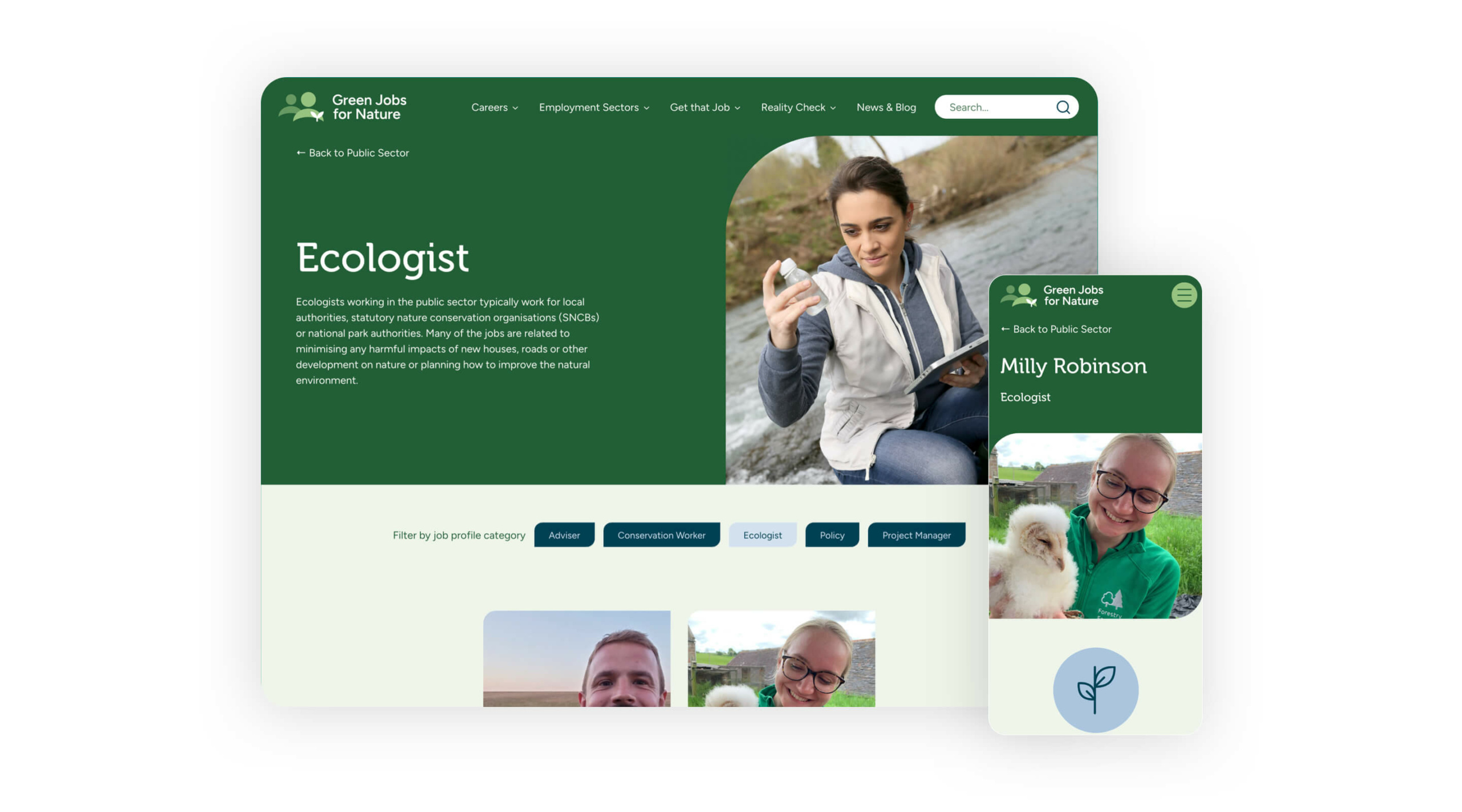 Image of the Green Jobs for Nature job profile pages dsiaplayed on desktop and a mobile device