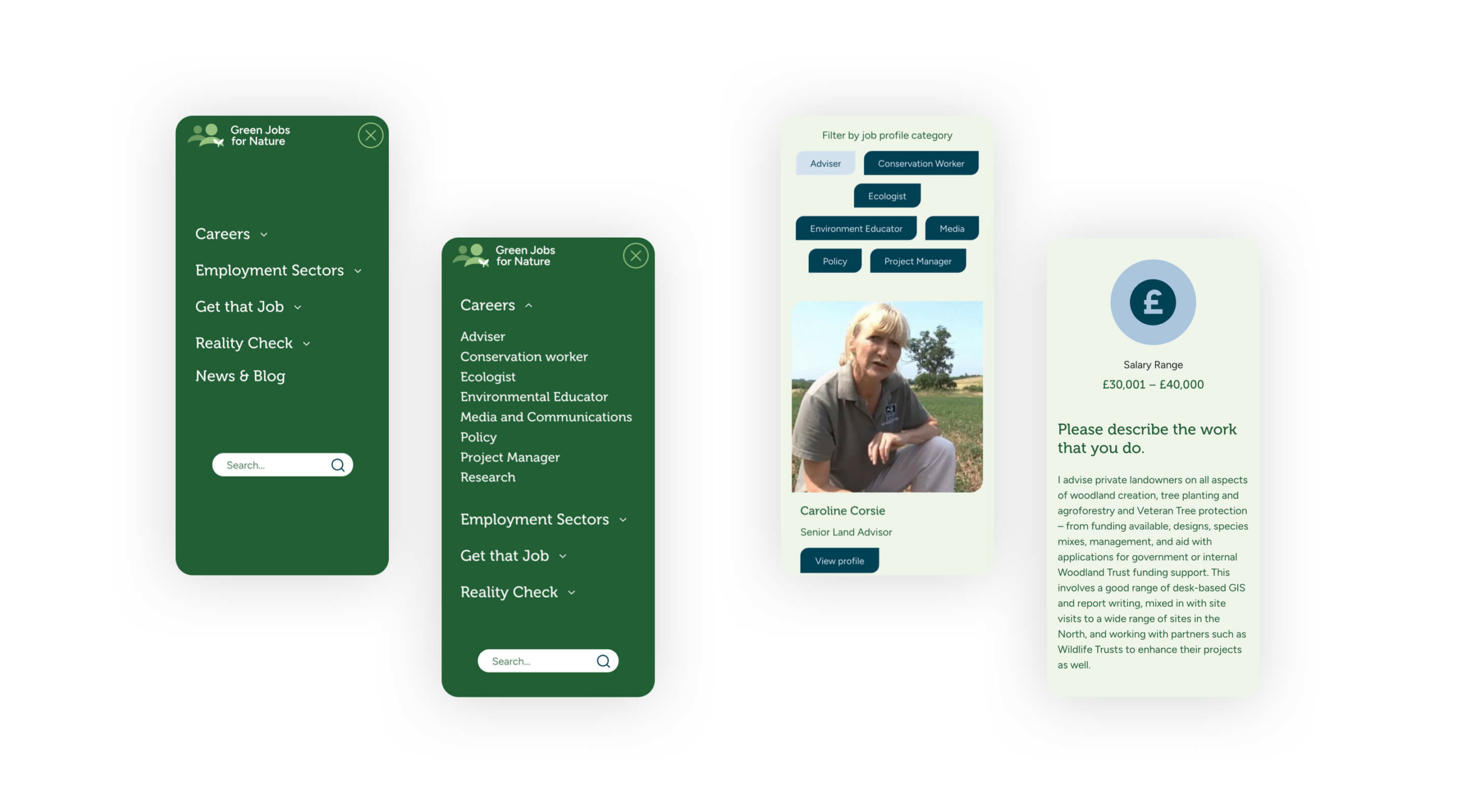 Image of the Green Jobs for Nature job profile pages dsiaplayed on mobile devices