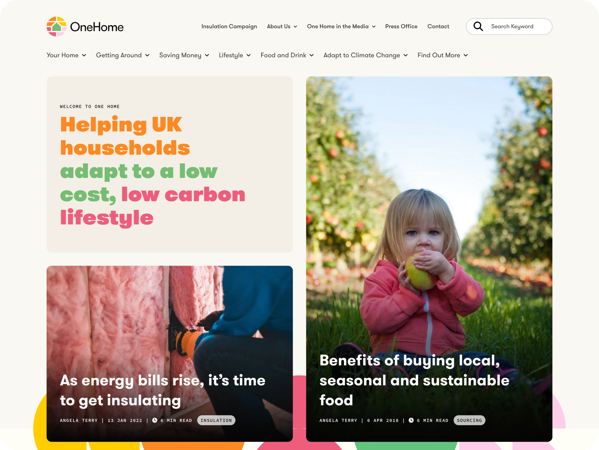 Image of the One Home website homepage. Features warm images of insulation and family/nature focused visuals against a warm cream background, with colourful (orange, green, pink) text
