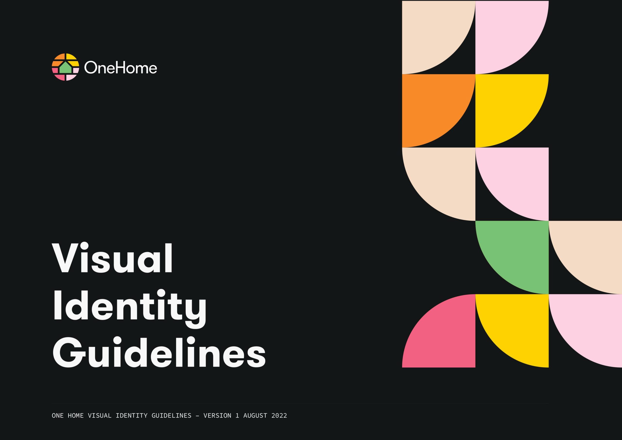 Image of the One Home Visual Identity guidelines front cover - displays the brand's geometric shapes against a black background
