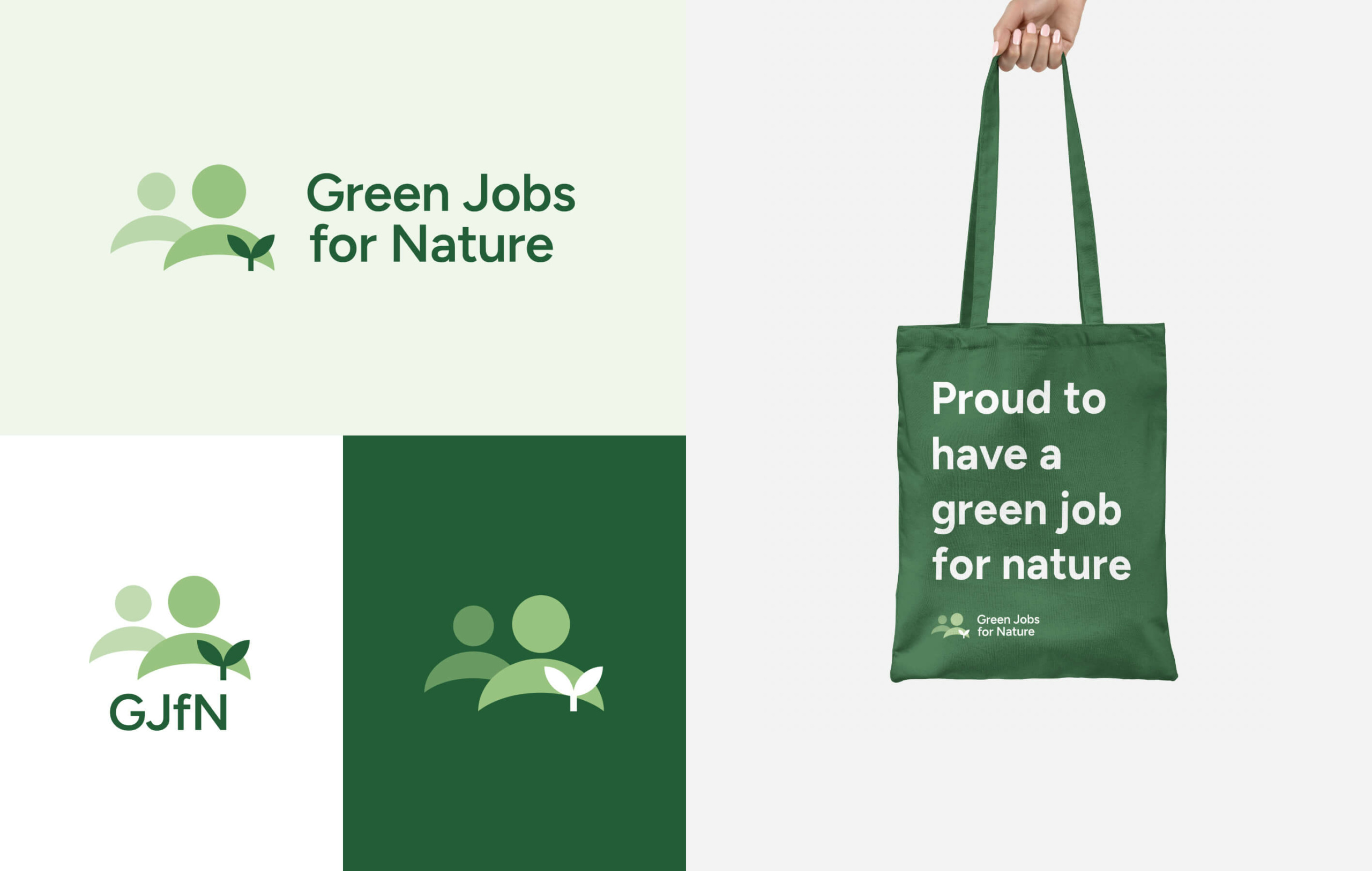 Image showing the Green Jobs for Nature logo - two people icons (head and shoulders) in different shades of green, with a white seedling in front. The image also depicts the logo on a re-usable bag to demonstrate potential application.