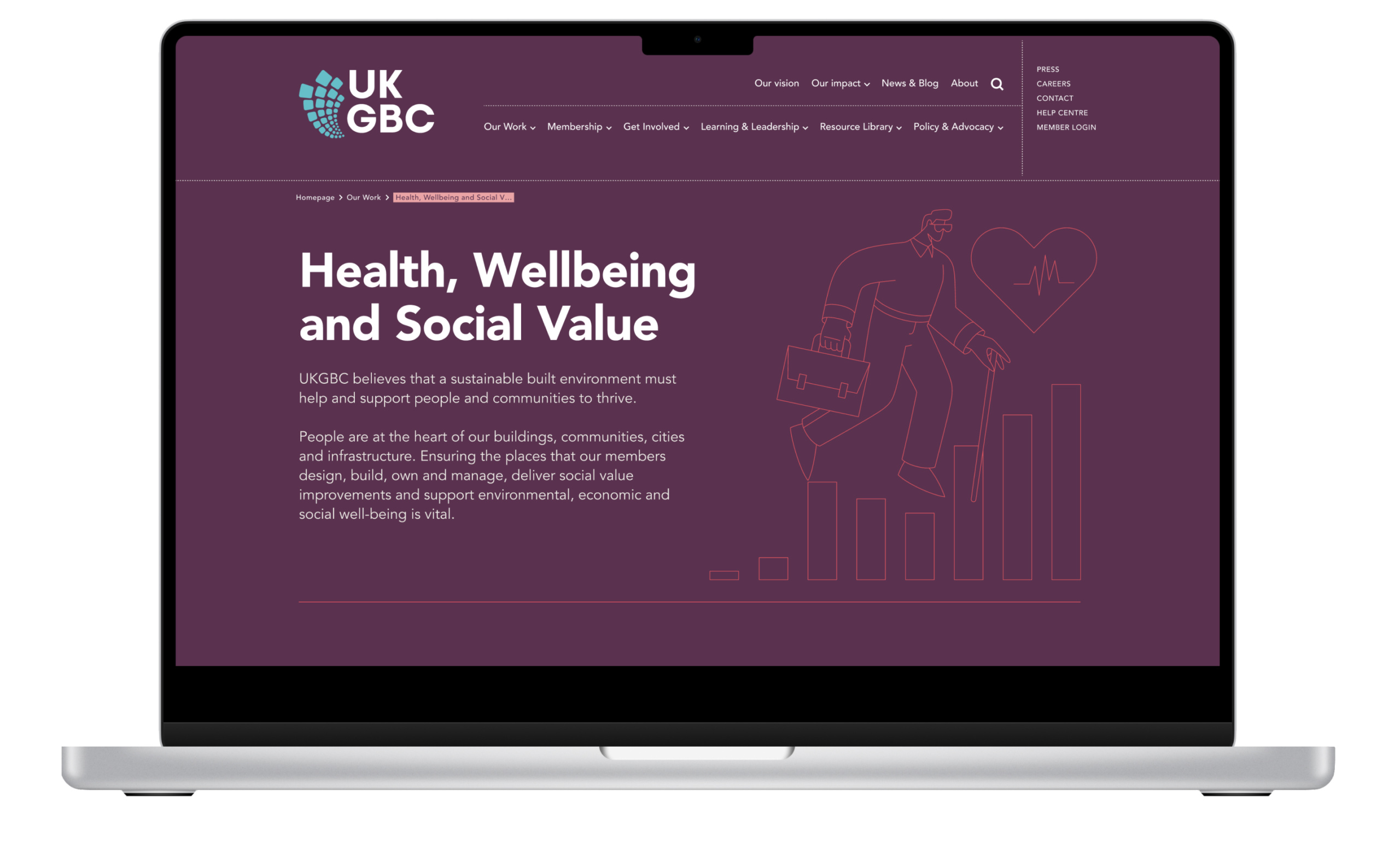 An image of a page of the new website, demonstrating the darker bran palette. This page has a maroon background, with white text and orange line drawing.