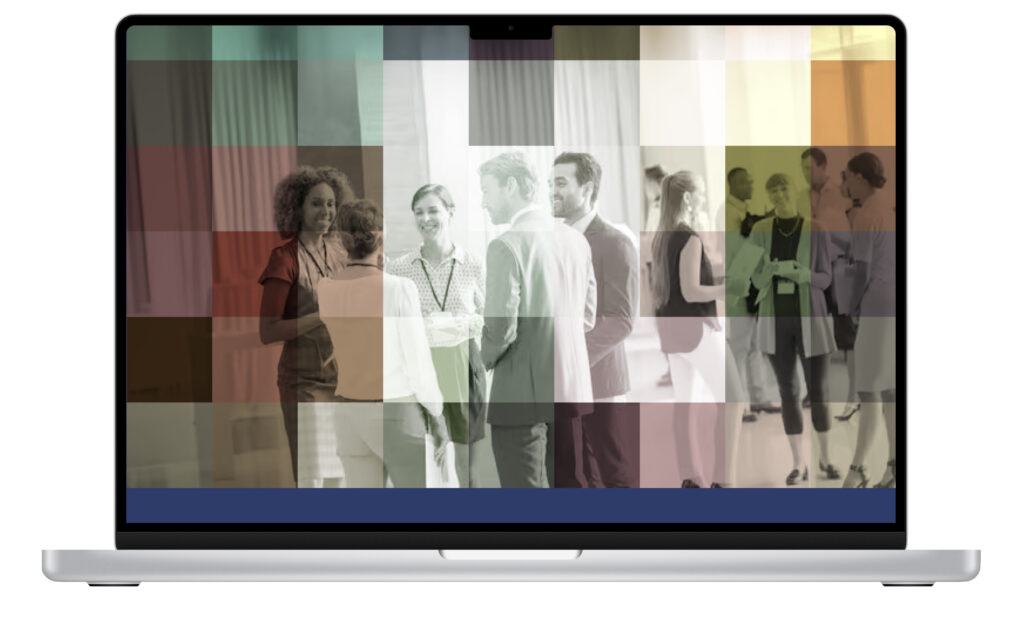 Image of an open laptop displayed thje stylised, pixellated style image that dictated the design of the new ukgbc website.
