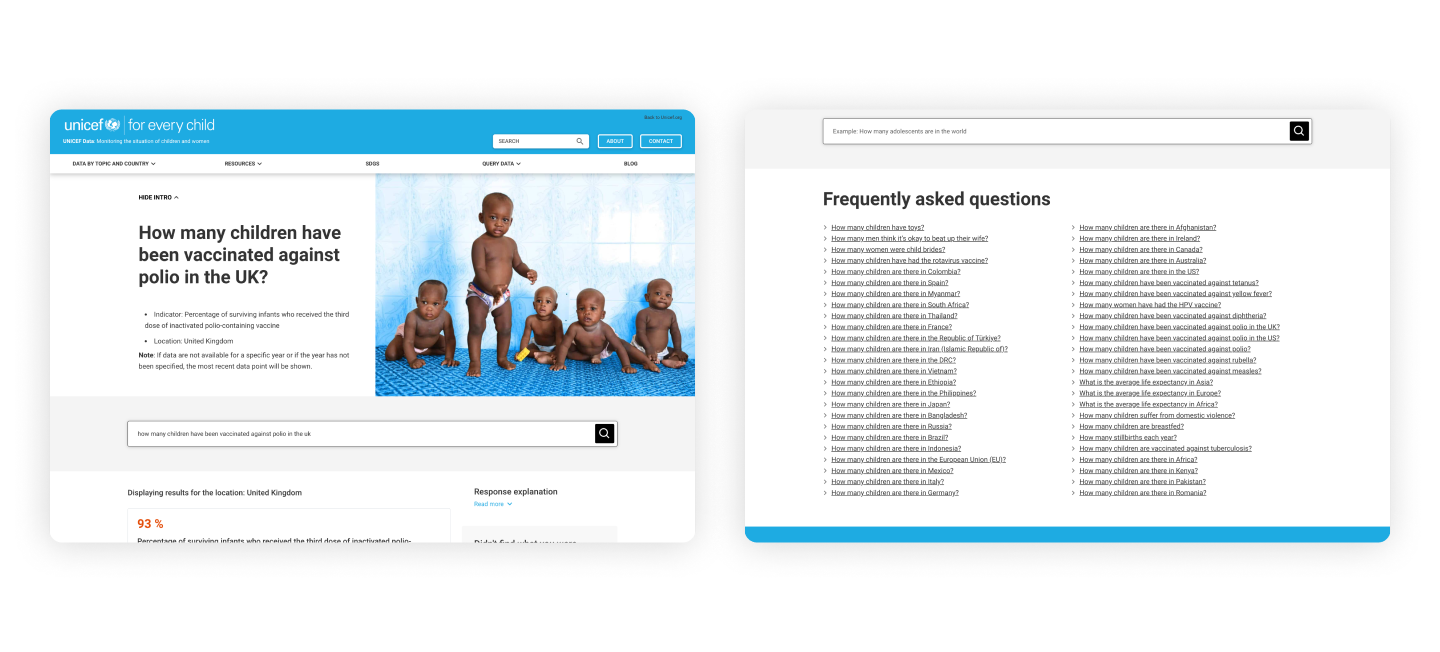 Two images side by side. To the left is the homepage, and on the right is an image of the FAQs page of the new website (which has no images). Both are displayed on mobile devices (tablets).