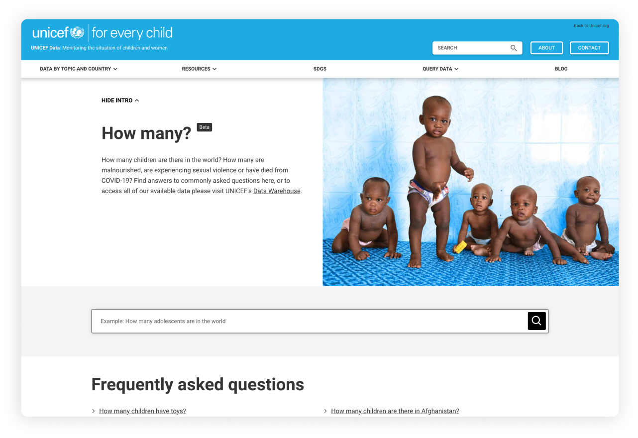 Image of the 'How Many Children' app homepage displayed on a desktop PC. The image is mostly white, with blue accents, and there is an image of five Black babies, some sitting, one standing) in nappies on the right hand side of the screen.
