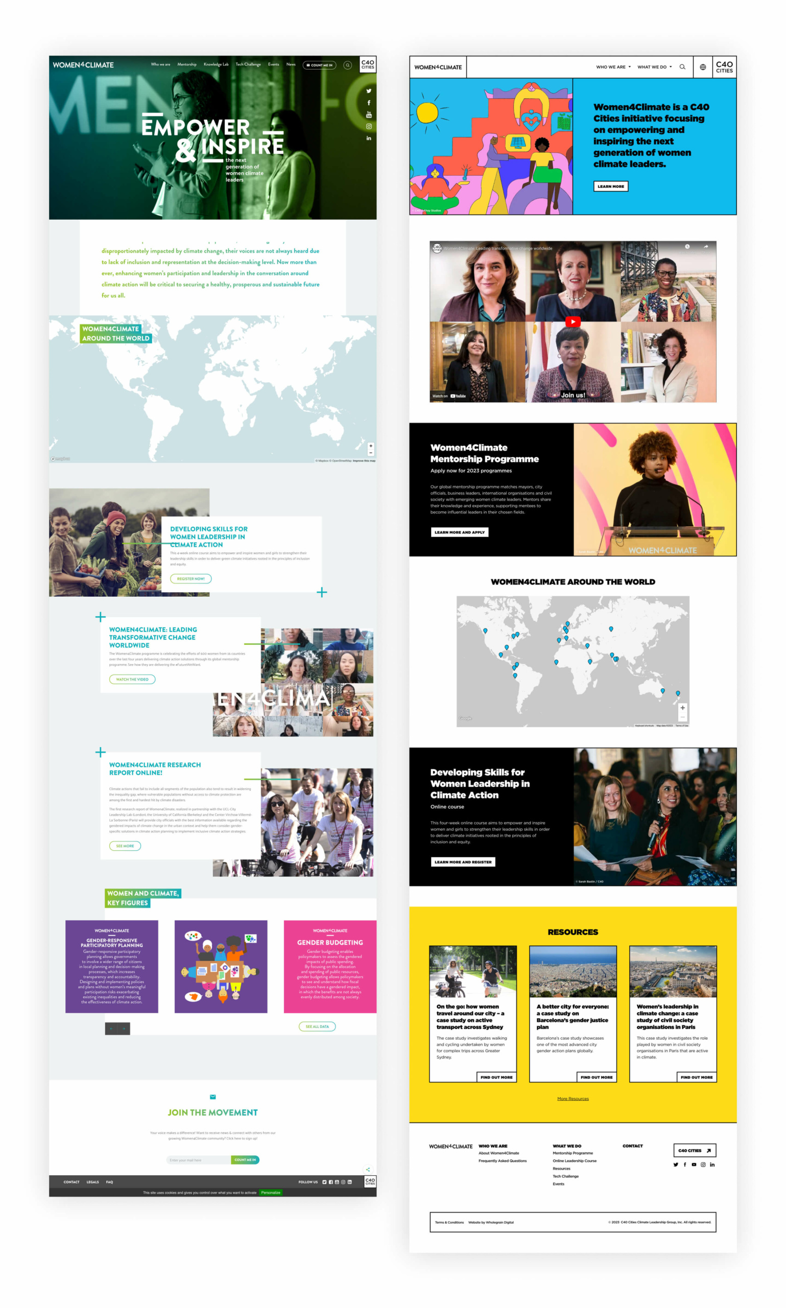 Screenshot of the old and new Women4Climate websites side by side. The new website is cleaner, and more consistent with the C40 Cities brand, with bright blue and yellow colour accents, compared to the old green hued site.