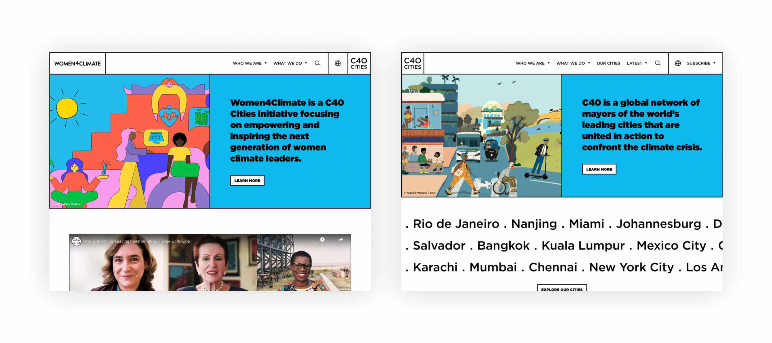 A screenshot showing the C40 Cities and Women4Climate website homepages side by side, demonstrating the new brand consistency of these websites.